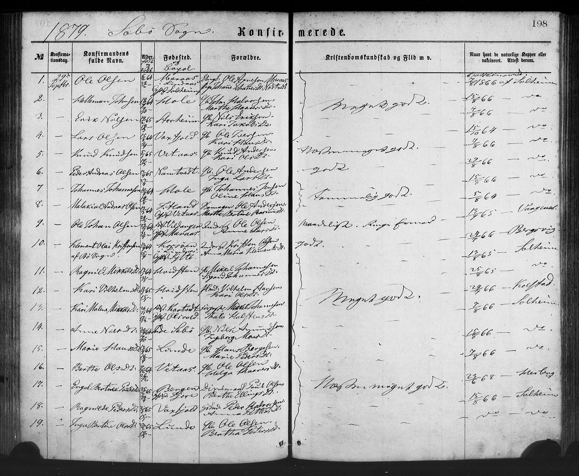 Manger sokneprestembete, SAB/A-76801/H/Haa: Parish register (official) no. A 8, 1871-1880, p. 198