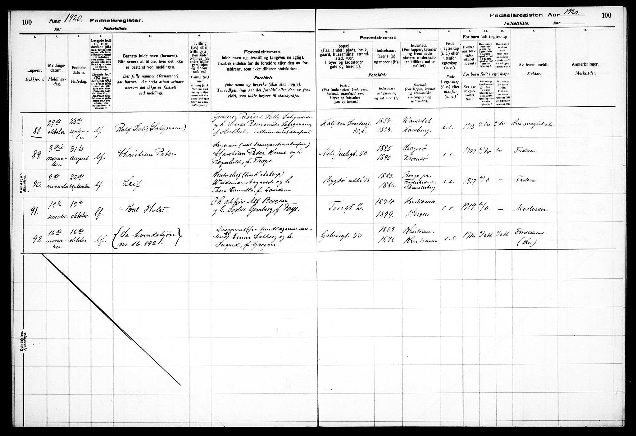 Frogner prestekontor Kirkebøker, AV/SAO-A-10886/J/Ja/L0001: Birth register no. 1, 1916-1927, p. 100