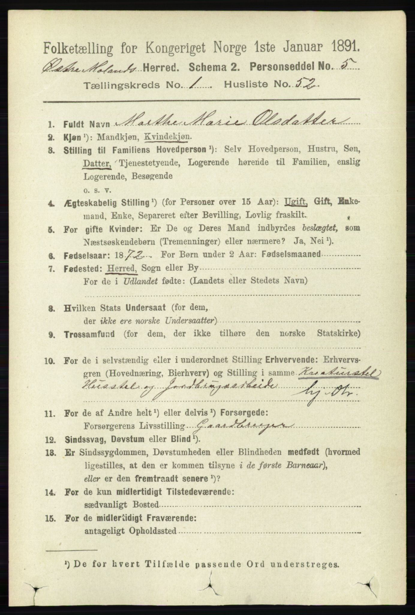 RA, 1891 census for 0918 Austre Moland, 1891, p. 451