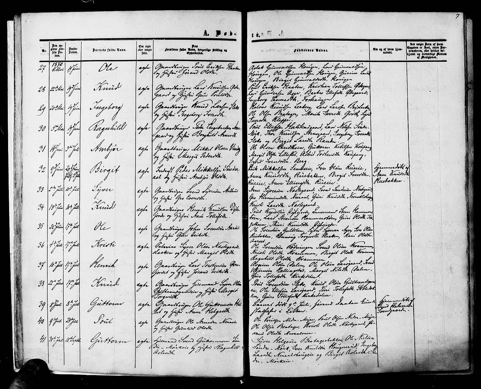 Hol kirkebøker, AV/SAKO-A-227/F/Fa/L0002: Parish register (official) no. I 2, 1870-1886, p. 7