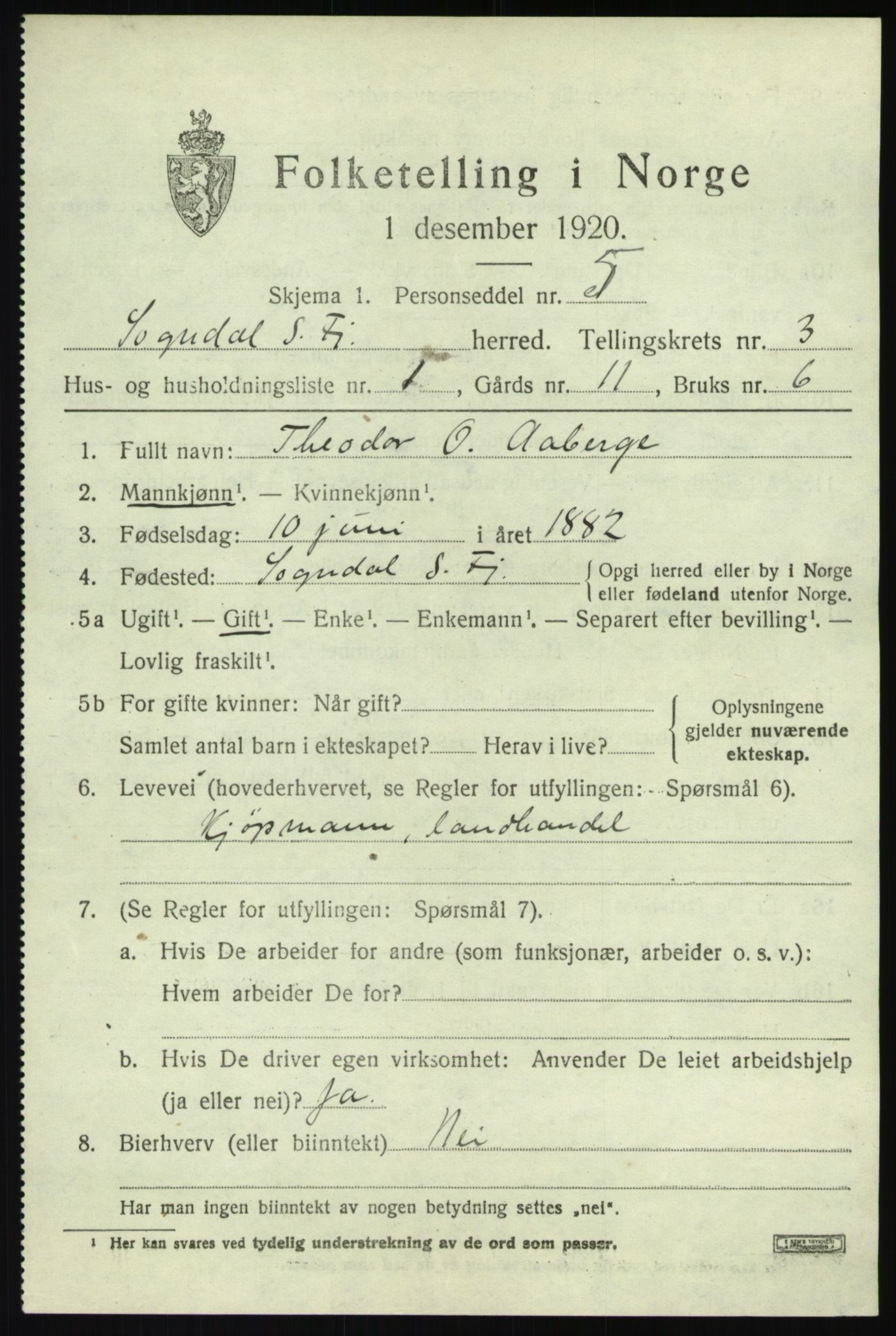 SAB, 1920 census for Sogndal, 1920, p. 2107