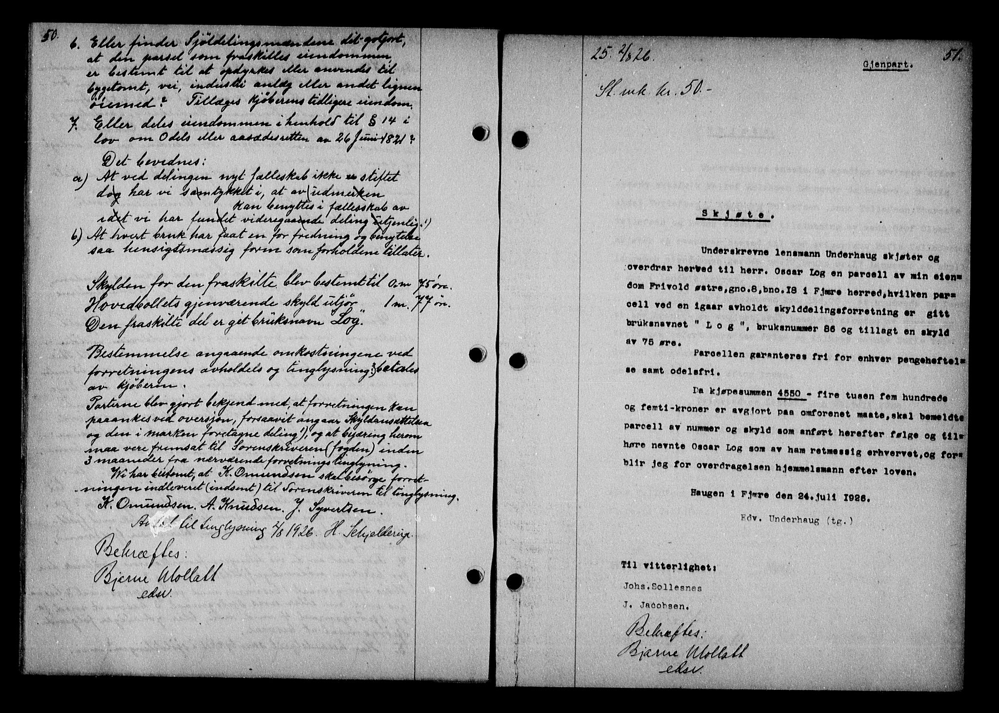 Vestre Nedenes/Sand sorenskriveri, AV/SAK-1221-0010/G/Gb/Gba/L0036: Mortgage book no. 62, 1926-1928, p. 50-51