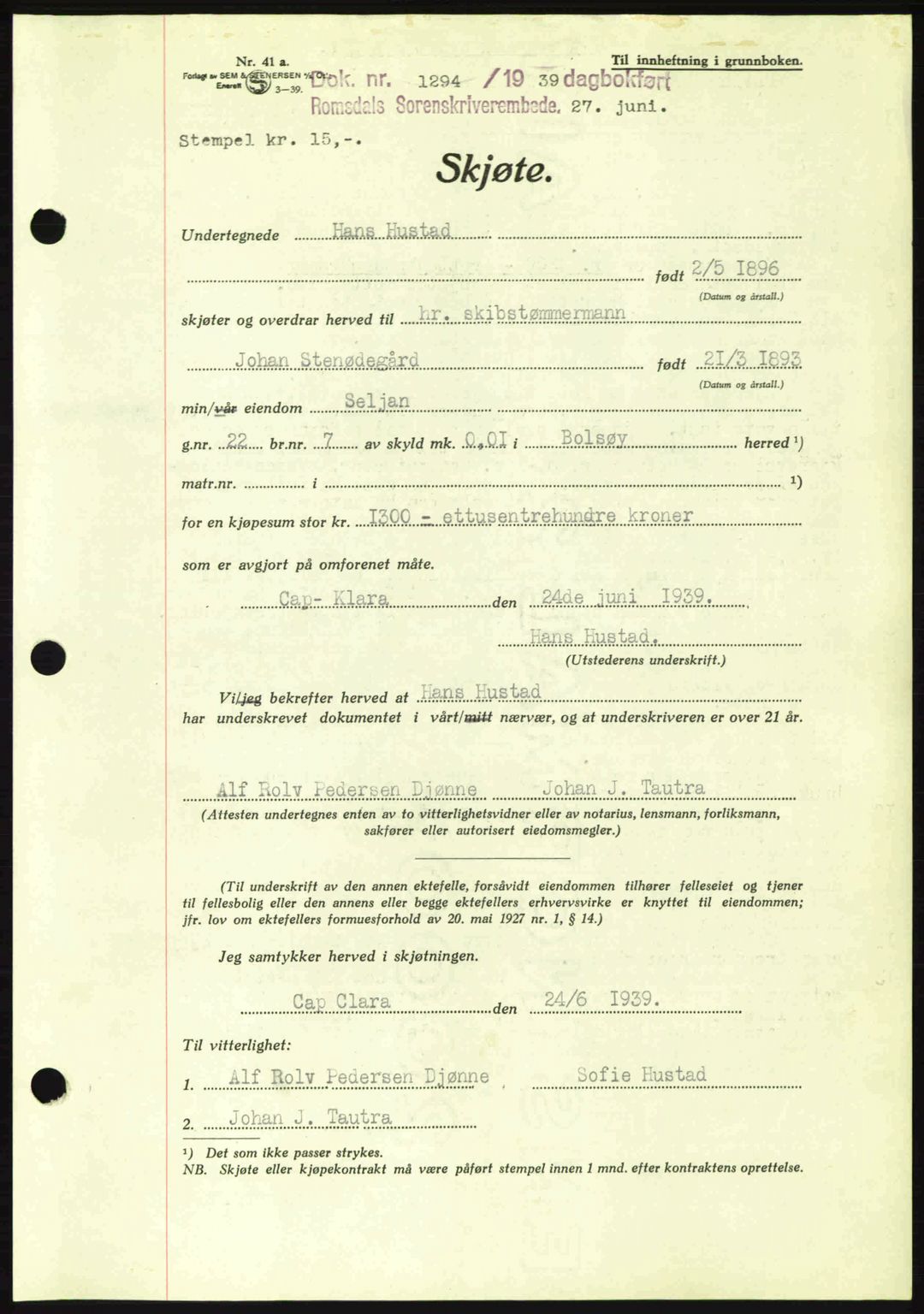 Romsdal sorenskriveri, AV/SAT-A-4149/1/2/2C: Mortgage book no. A7, 1939-1939, Diary no: : 1294/1939