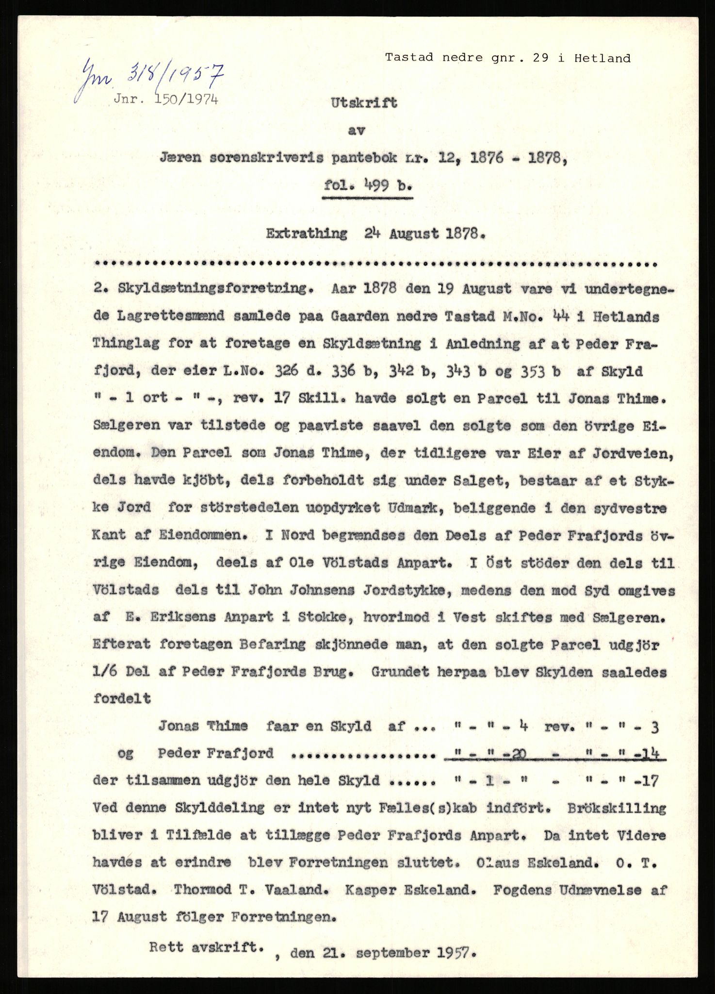 Statsarkivet i Stavanger, AV/SAST-A-101971/03/Y/Yj/L0085: Avskrifter sortert etter gårdsnavn: Sørhus - Tastad øvre, 1750-1930, p. 598