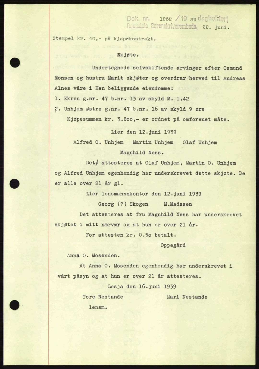 Romsdal sorenskriveri, AV/SAT-A-4149/1/2/2C: Mortgage book no. A7, 1939-1939, Diary no: : 1252/1939