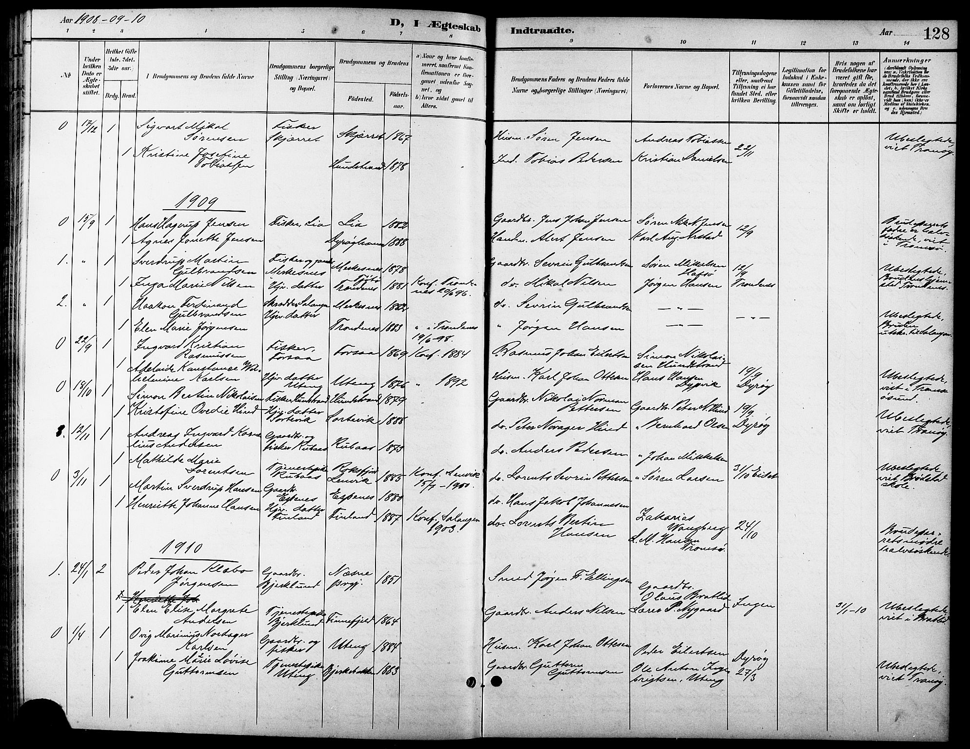 Tranøy sokneprestkontor, SATØ/S-1313/I/Ia/Iab/L0014klokker: Parish register (copy) no. 14, 1896-1918, p. 128