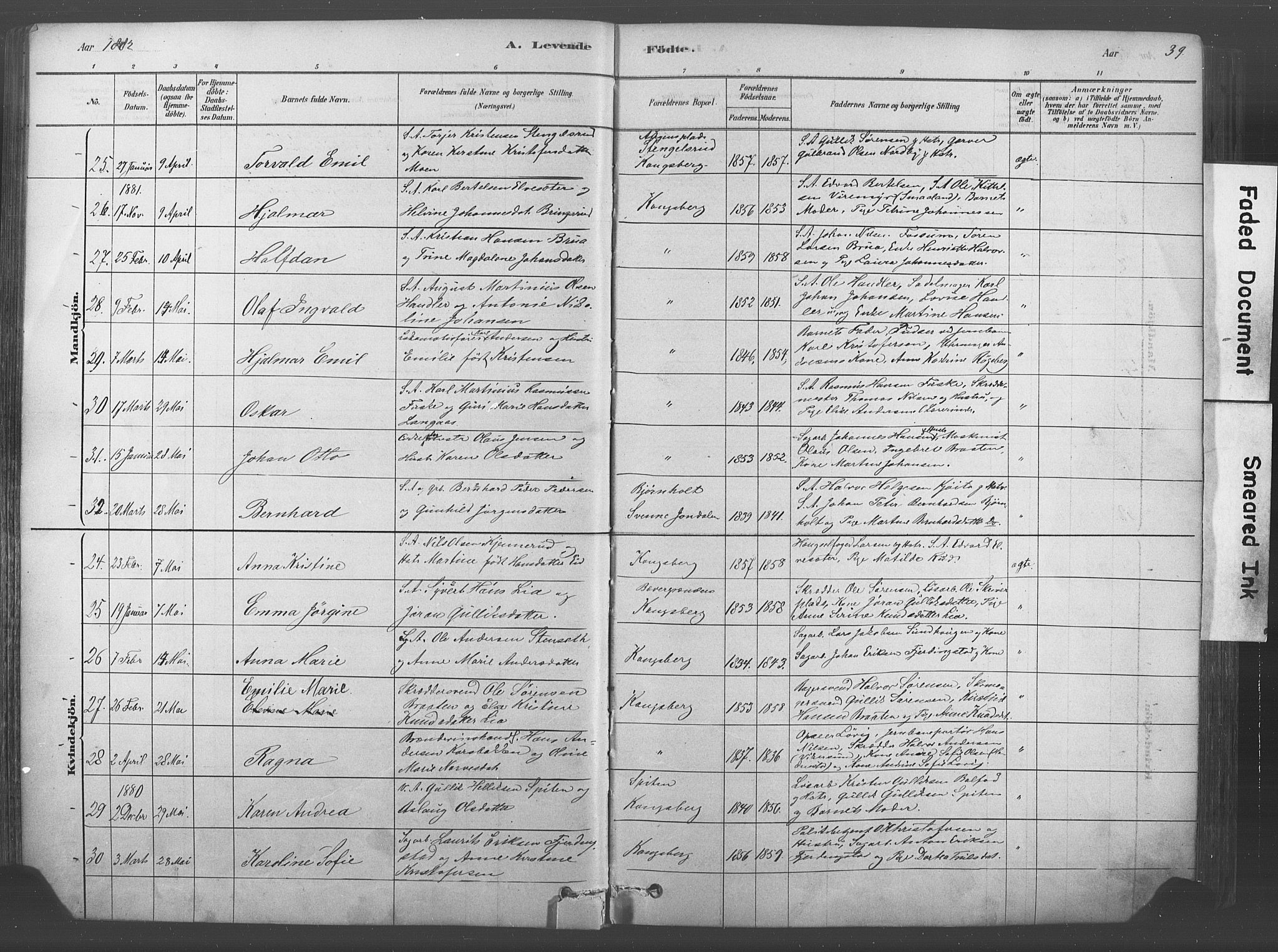 Kongsberg kirkebøker, AV/SAKO-A-22/F/Fb/L0001: Parish register (official) no. II 1, 1878-1886, p. 39