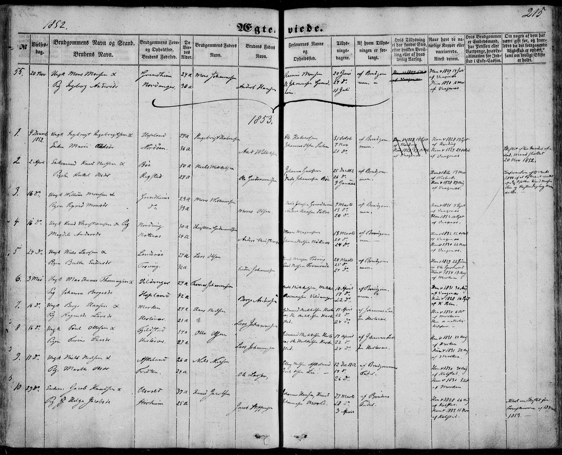 Manger sokneprestembete, AV/SAB-A-76801/H/Haa: Parish register (official) no. A 6, 1849-1859, p. 215