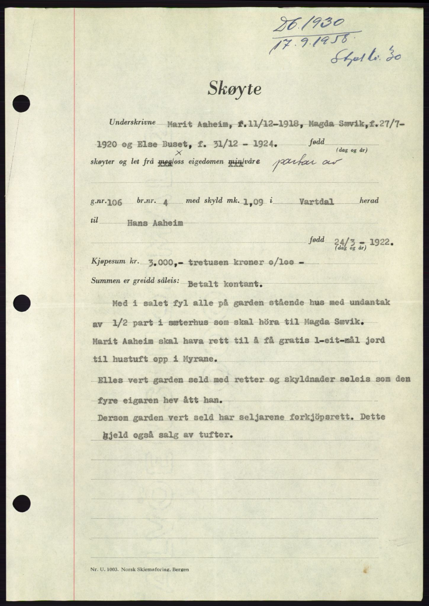 Søre Sunnmøre sorenskriveri, AV/SAT-A-4122/1/2/2C/L0110: Mortgage book no. 36A, 1958-1958, Diary no: : 1930/1958