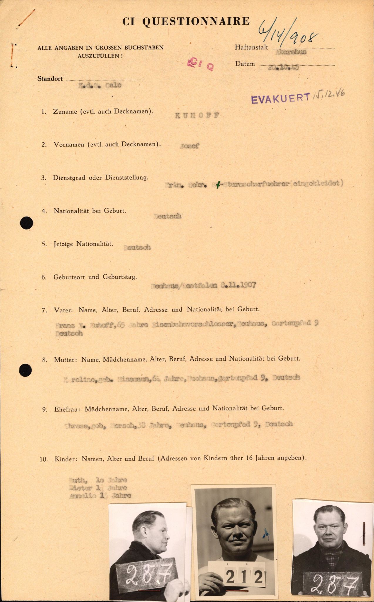 Forsvaret, Forsvarets overkommando II, AV/RA-RAFA-3915/D/Db/L0018: CI Questionaires. Tyske okkupasjonsstyrker i Norge. Tyskere., 1945-1946, p. 447