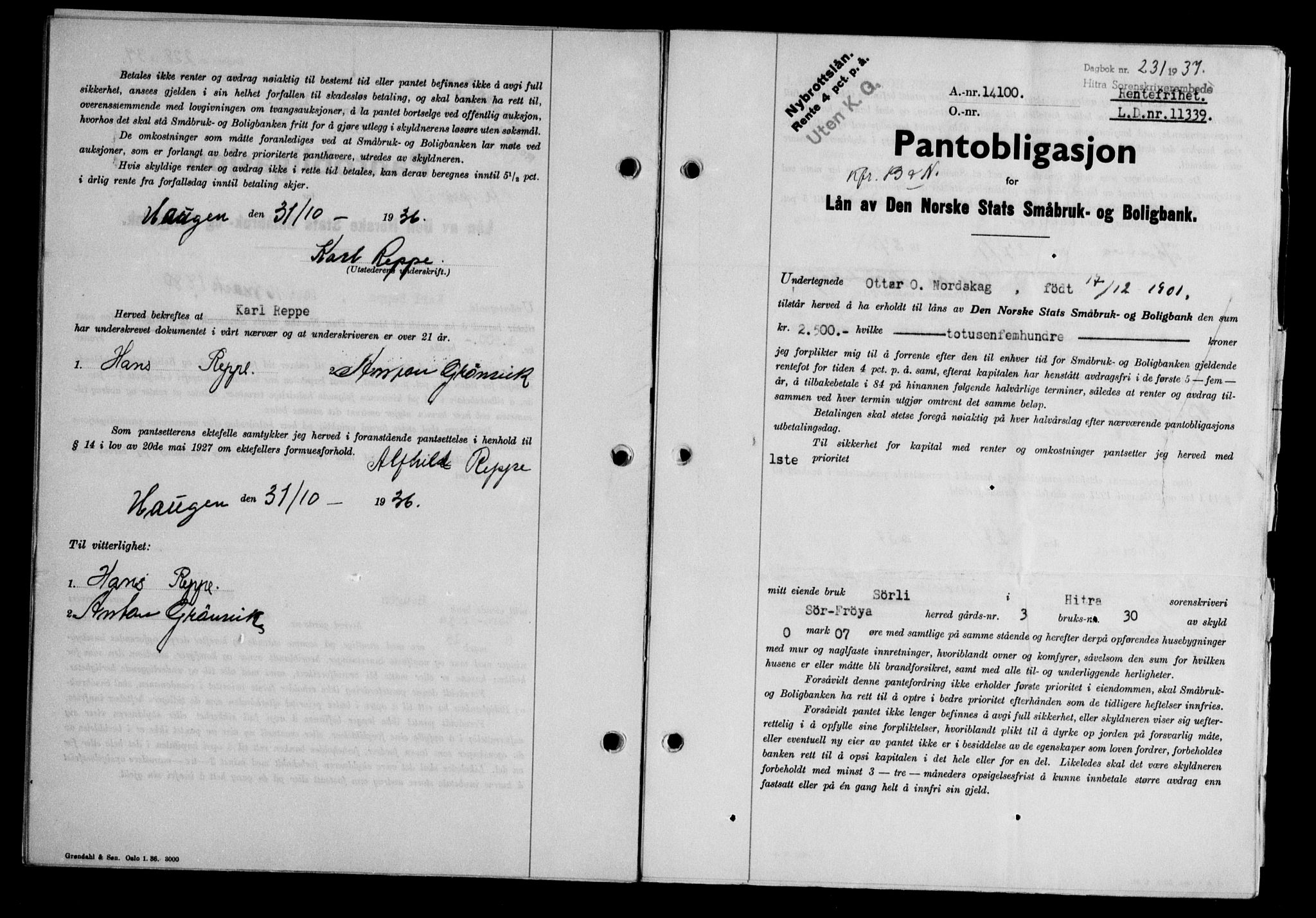 Hitra sorenskriveri, AV/SAT-A-0018/2/2C/2Ca/L0028: Mortgage book no. B-1, 1936-1939, Diary no: : 231/1937