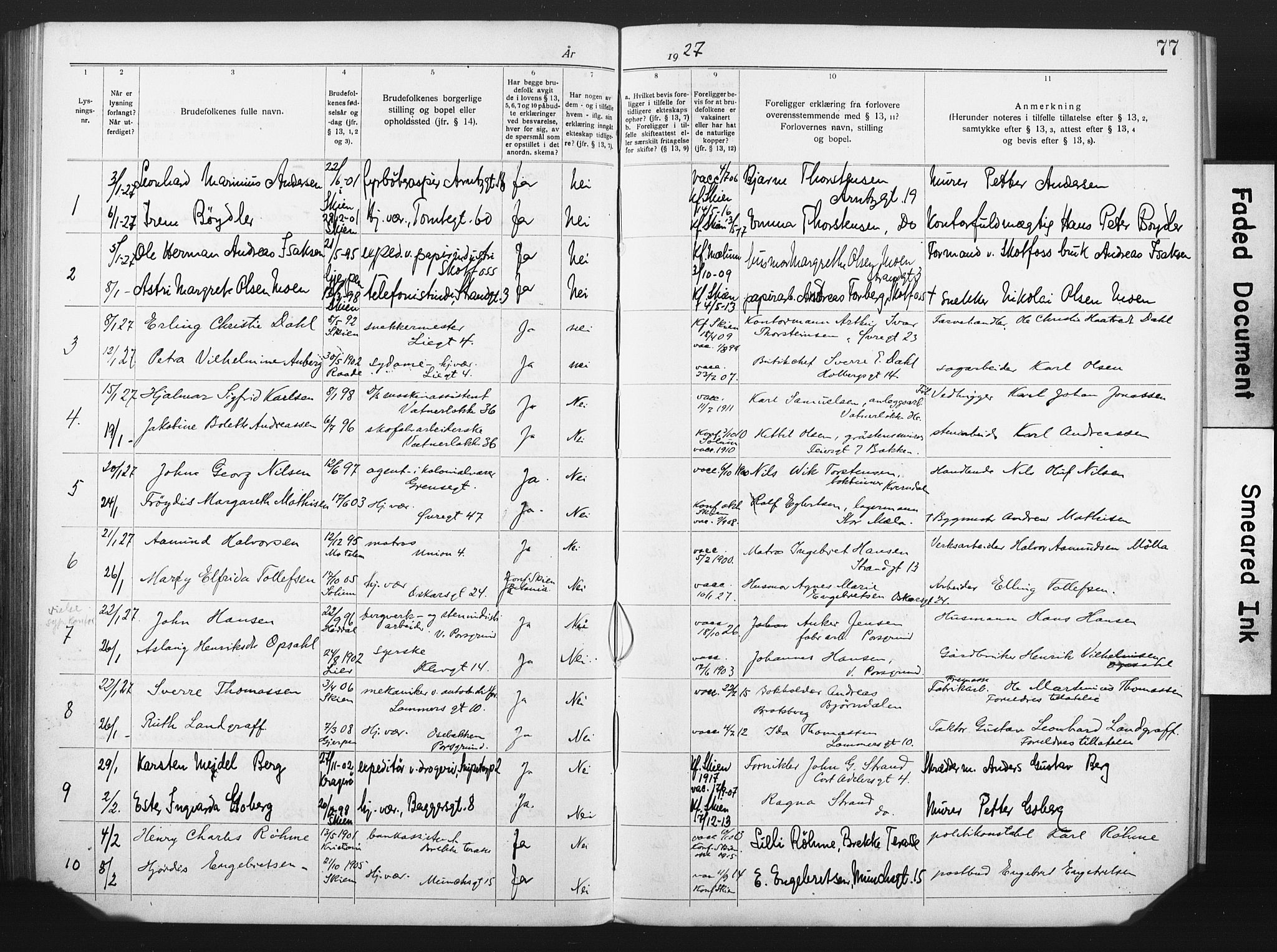 Skien kirkebøker, SAKO/A-302/H/Ha/L0001: Banns register no. 1, 1919-1929, p. 77