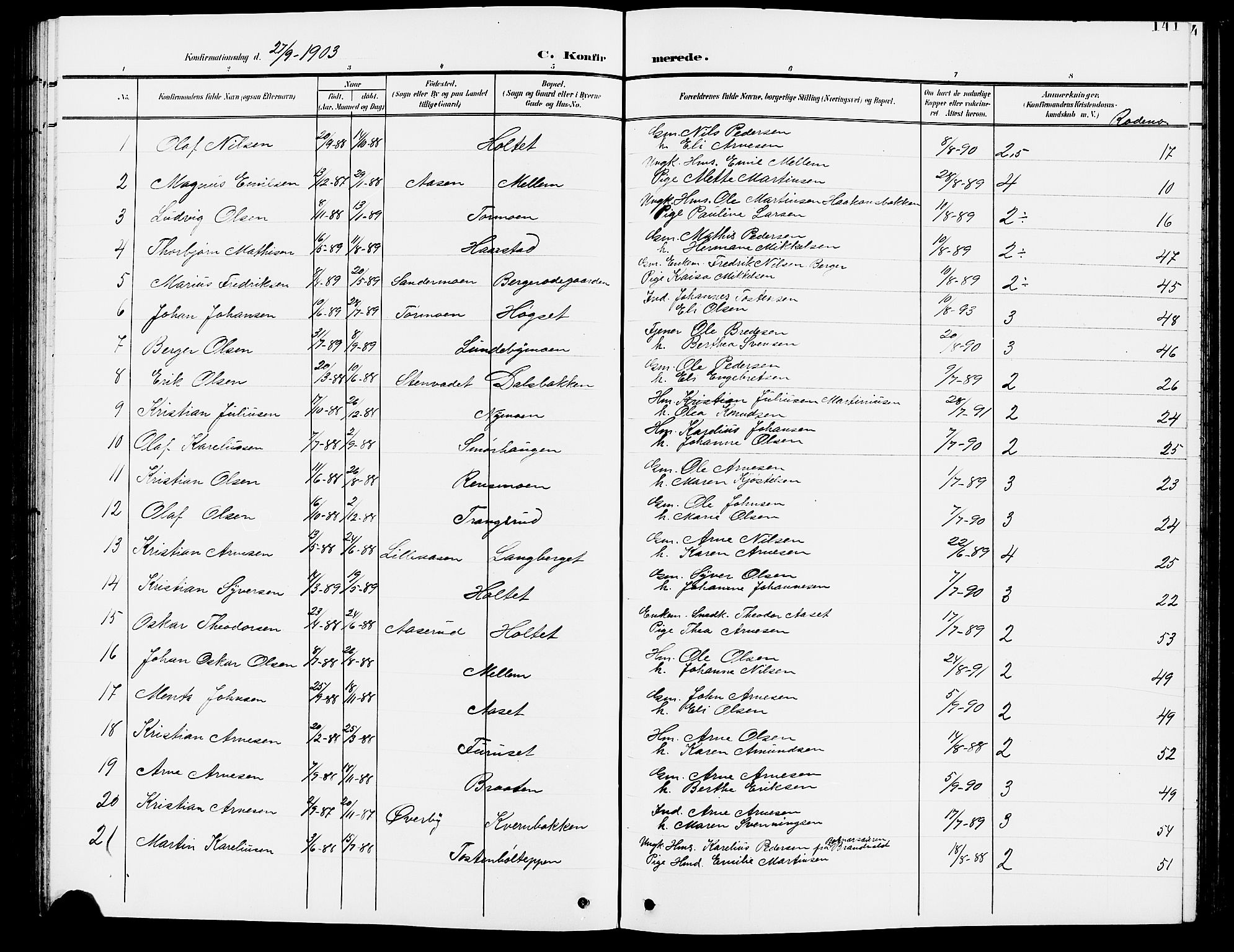 Grue prestekontor, SAH/PREST-036/H/Ha/Hab/L0005: Parish register (copy) no. 5, 1900-1909, p. 141