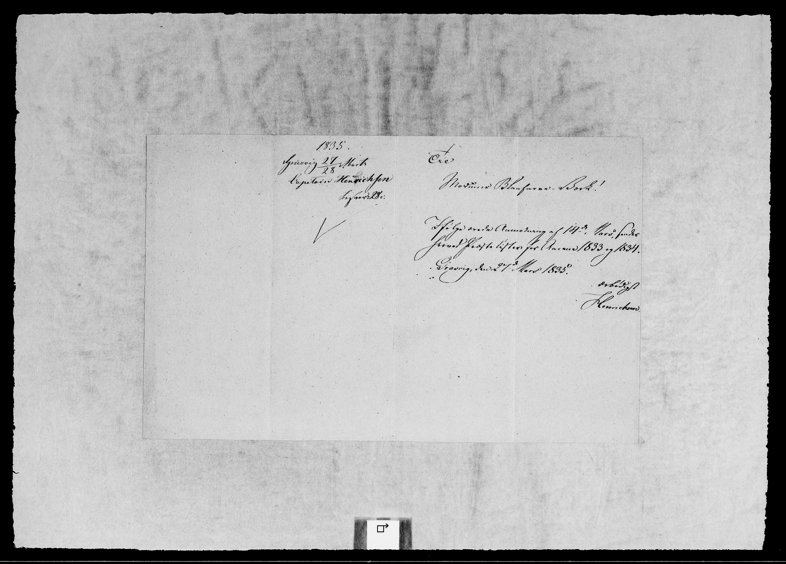 Modums Blaafarveværk, RA/PA-0157/G/Gb/L0114/0001: -- / Innkomne brev H - Y, 1834-1835, p. 3