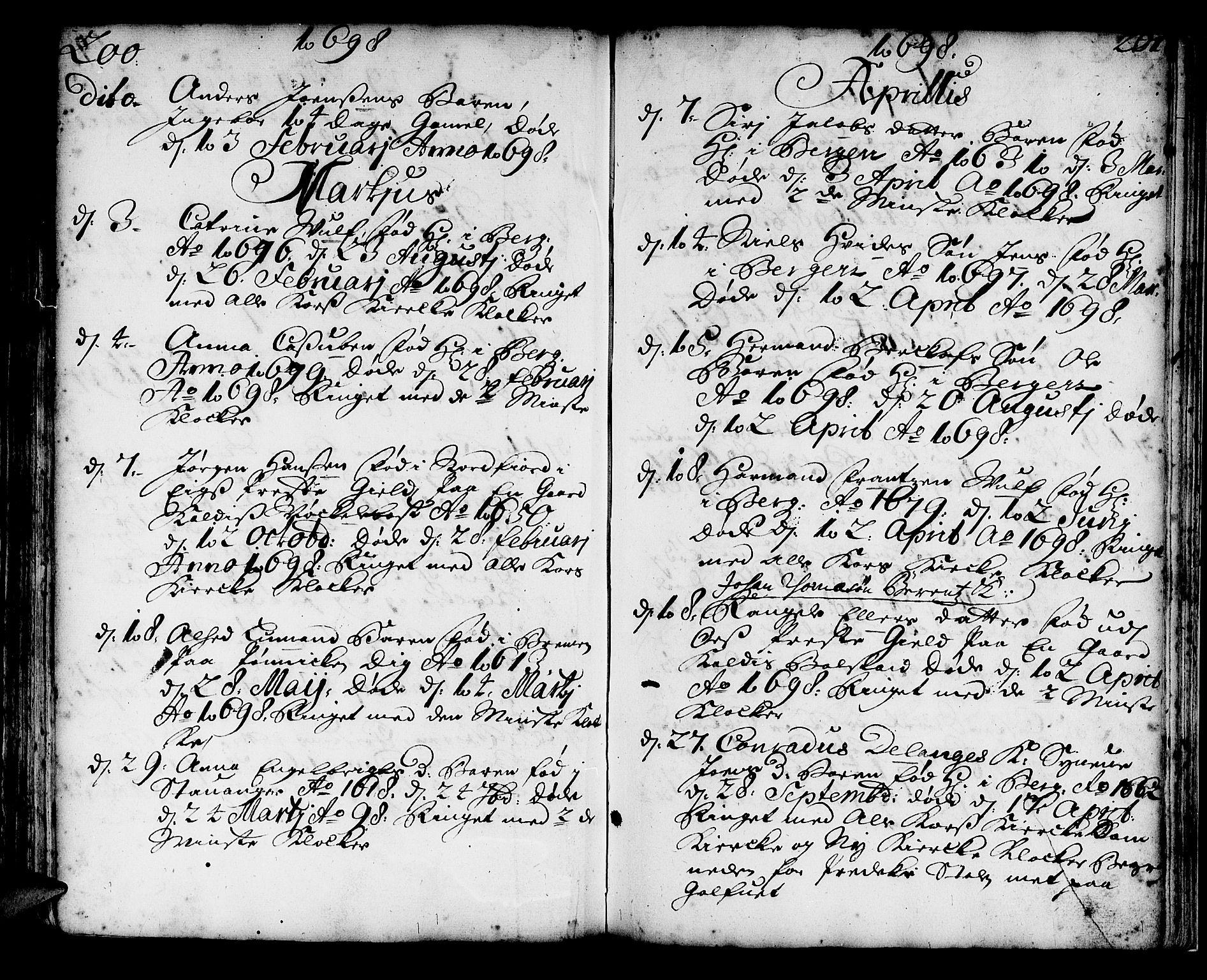 Korskirken sokneprestembete, AV/SAB-A-76101/H/Haa/L0010: Parish register (official) no. A 10, 1688-1703, p. 200-201