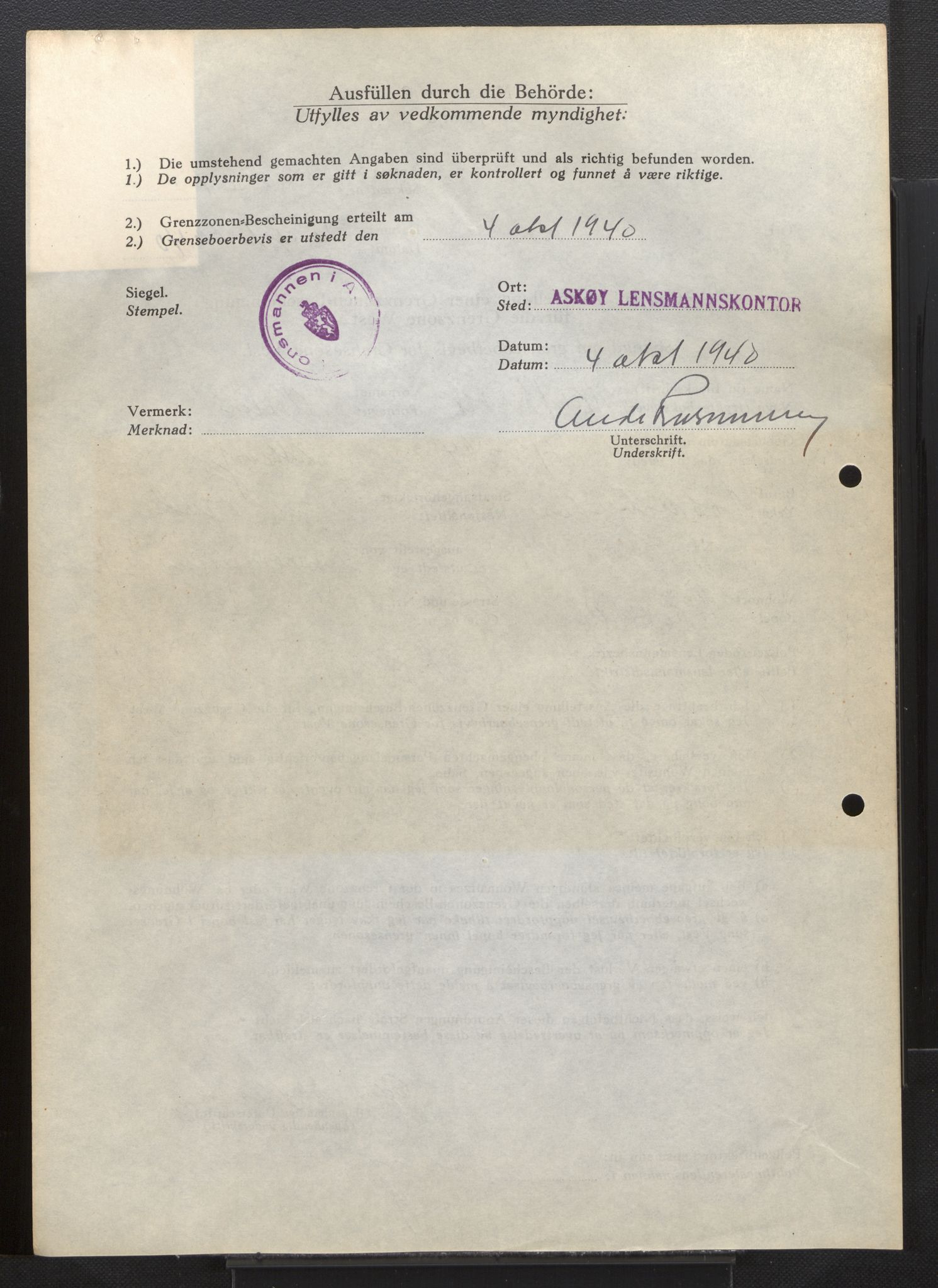 Lensmannen i Askøy, AV/SAB-A-31001/0026/L0005: Søknader om grensebuarbevis 851 - 1275, 1940, p. 22