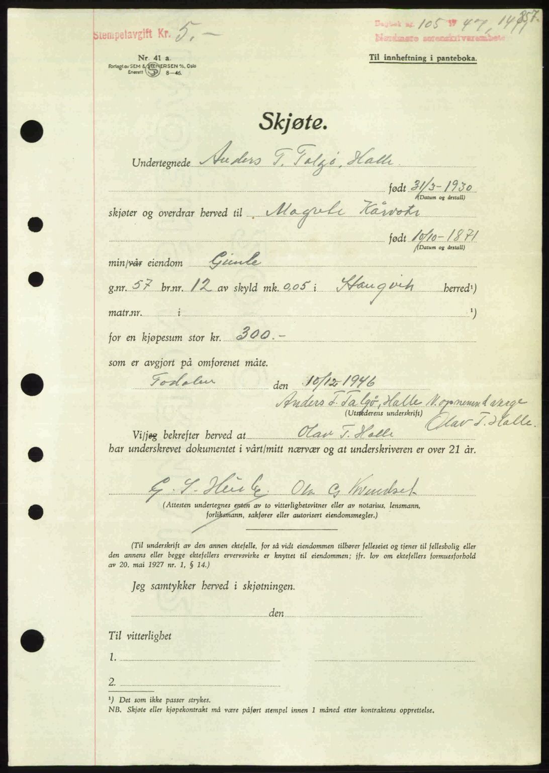 Nordmøre sorenskriveri, AV/SAT-A-4132/1/2/2Ca: Mortgage book no. A103, 1946-1947, Diary no: : 105/1947