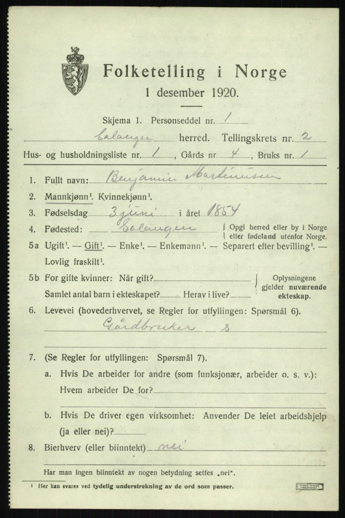 SATØ, 1920 census for Salangen, 1920, p. 1162