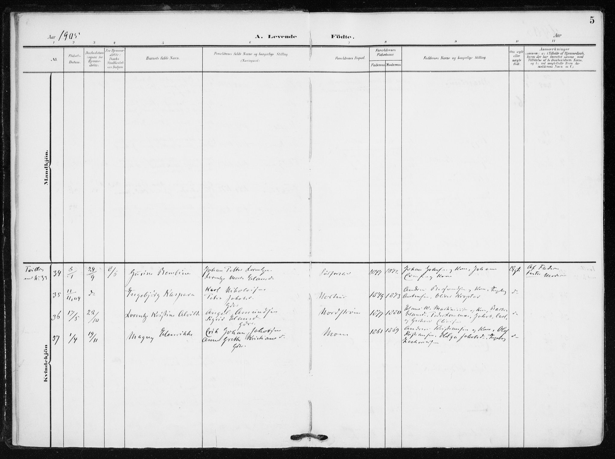 Tranøy sokneprestkontor, SATØ/S-1313/I/Ia/Iaa/L0012kirke: Parish register (official) no. 12, 1905-1918, p. 5