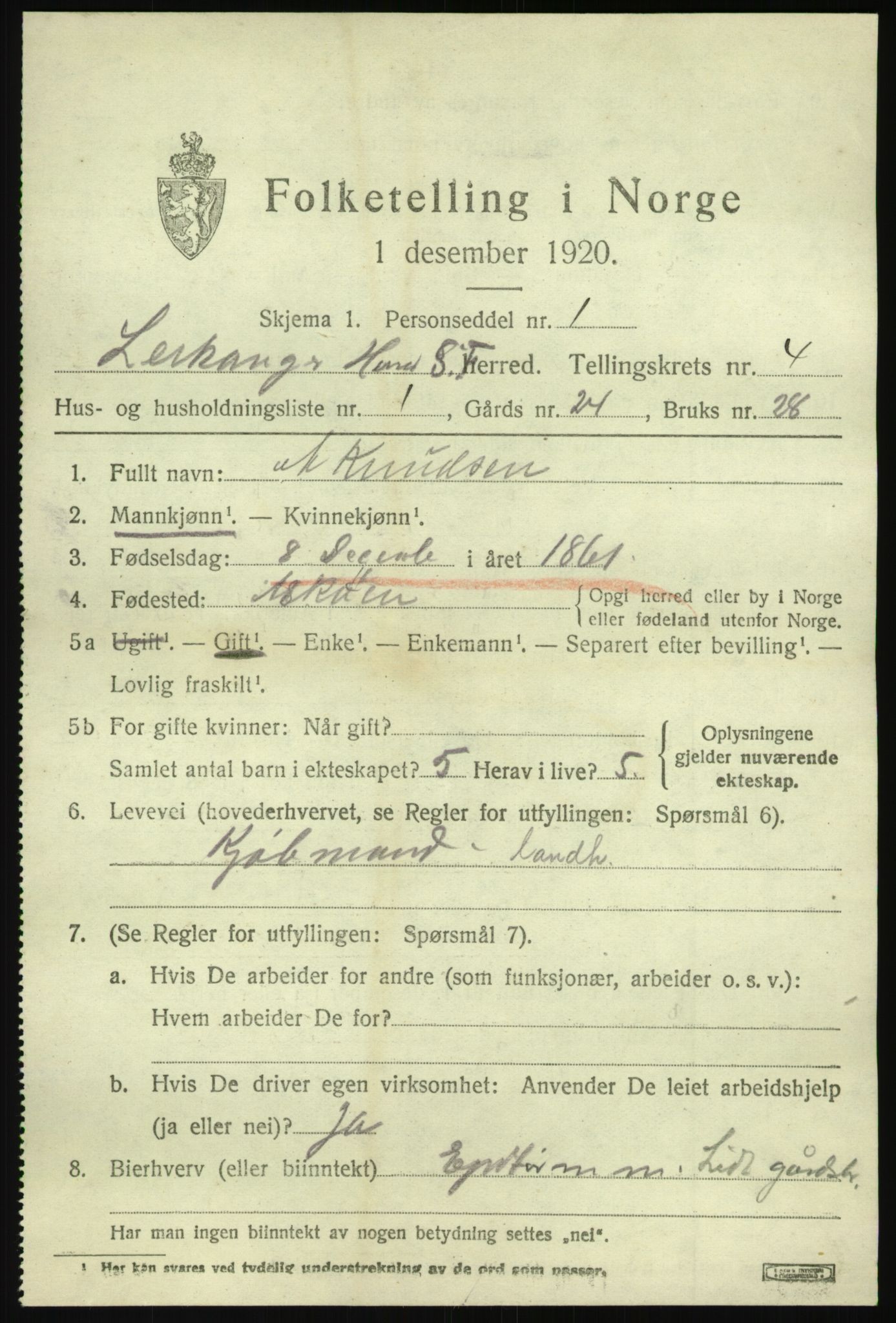 SAB, 1920 census for Leikanger, 1920, p. 2838