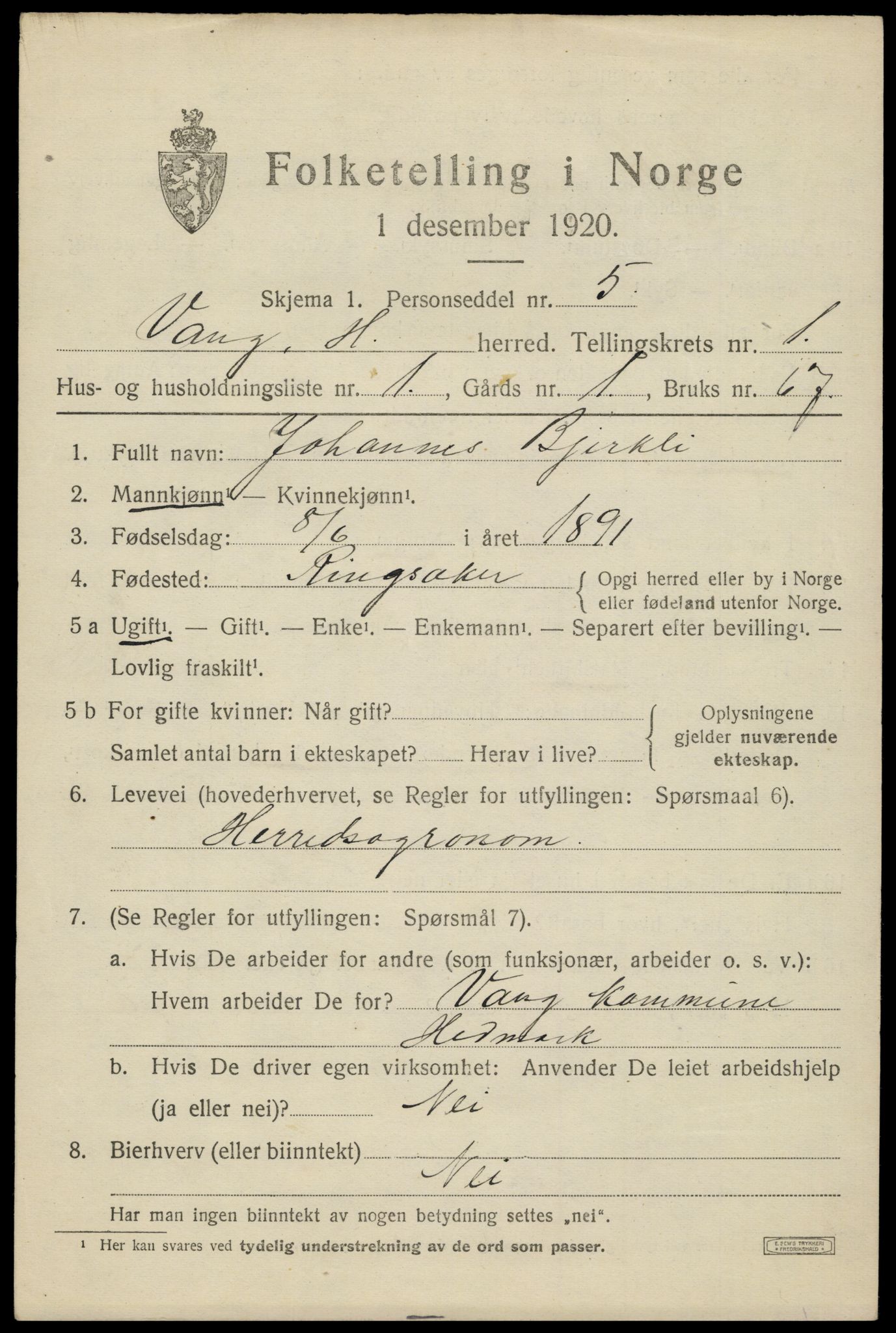 SAH, 1920 census for Vang (Hedmark), 1920, p. 2791