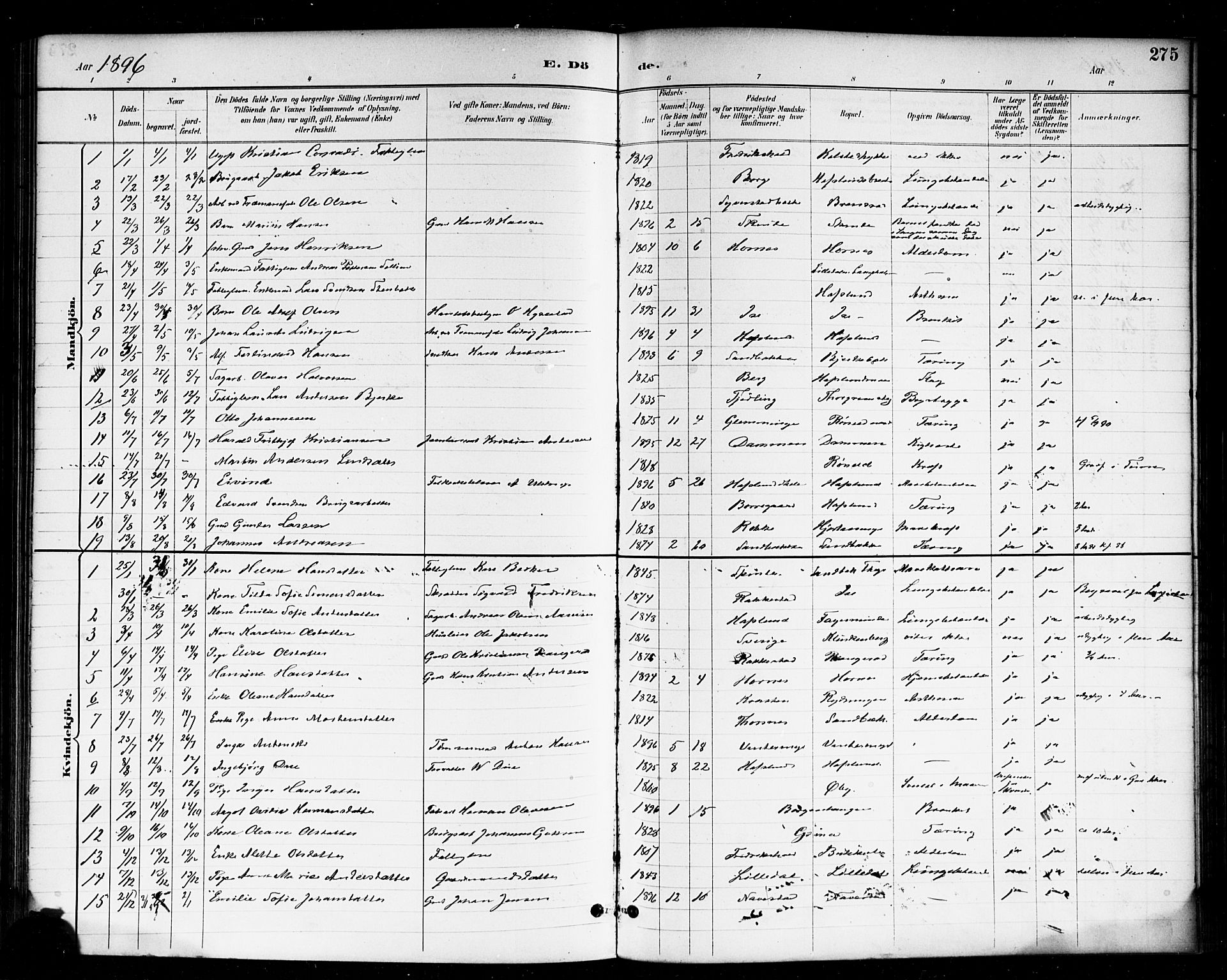 Skjeberg prestekontor Kirkebøker, SAO/A-10923/F/Fa/L0009: Parish register (official) no. I 9, 1886-1897, p. 275
