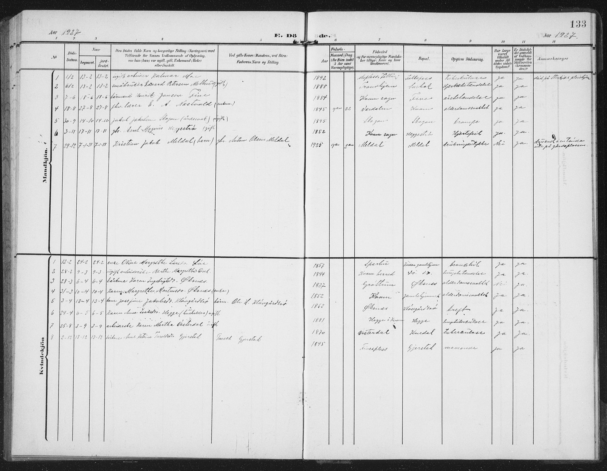Ministerialprotokoller, klokkerbøker og fødselsregistre - Nord-Trøndelag, SAT/A-1458/747/L0460: Parish register (copy) no. 747C02, 1908-1939, p. 133