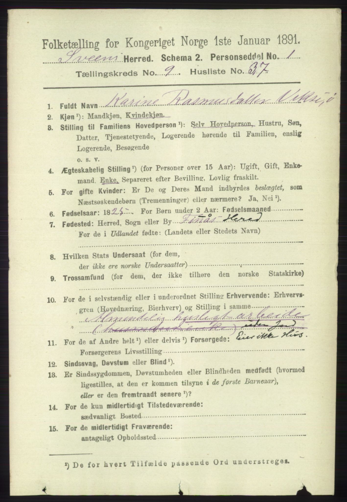 RA, 1891 census for 1216 Sveio, 1891, p. 2876