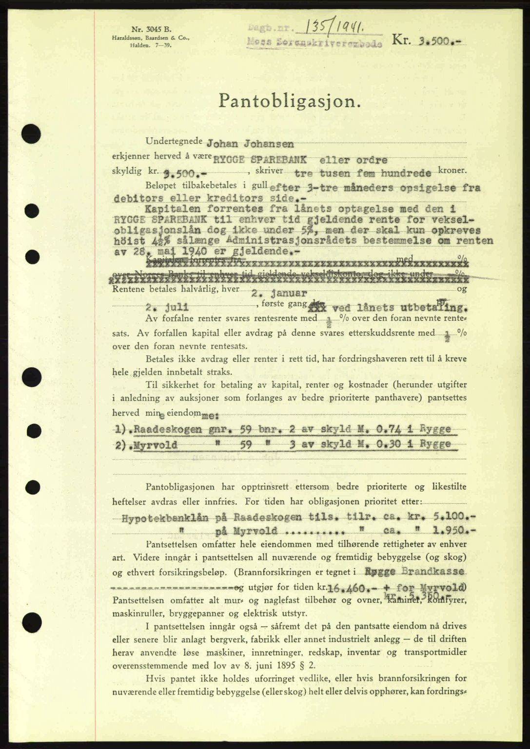 Moss sorenskriveri, SAO/A-10168: Mortgage book no. B10, 1940-1941, Diary no: : 135/1941
