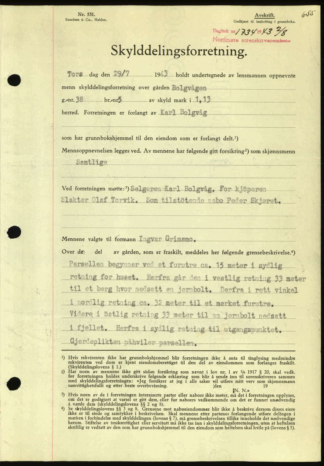 Nordmøre sorenskriveri, AV/SAT-A-4132/1/2/2Ca: Mortgage book no. A95, 1943-1943, Diary no: : 1734/1943