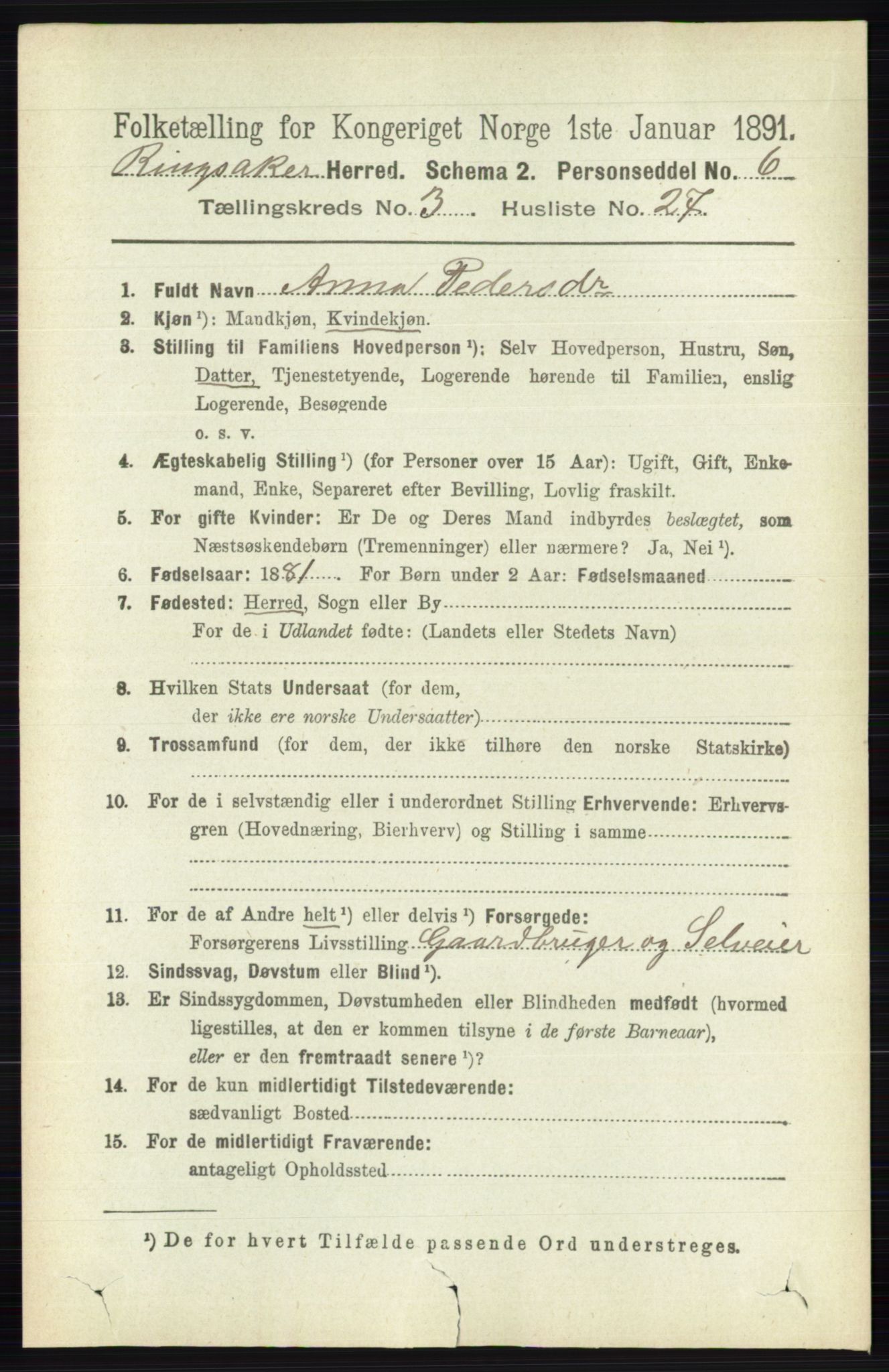 RA, 1891 census for 0412 Ringsaker, 1891, p. 1395