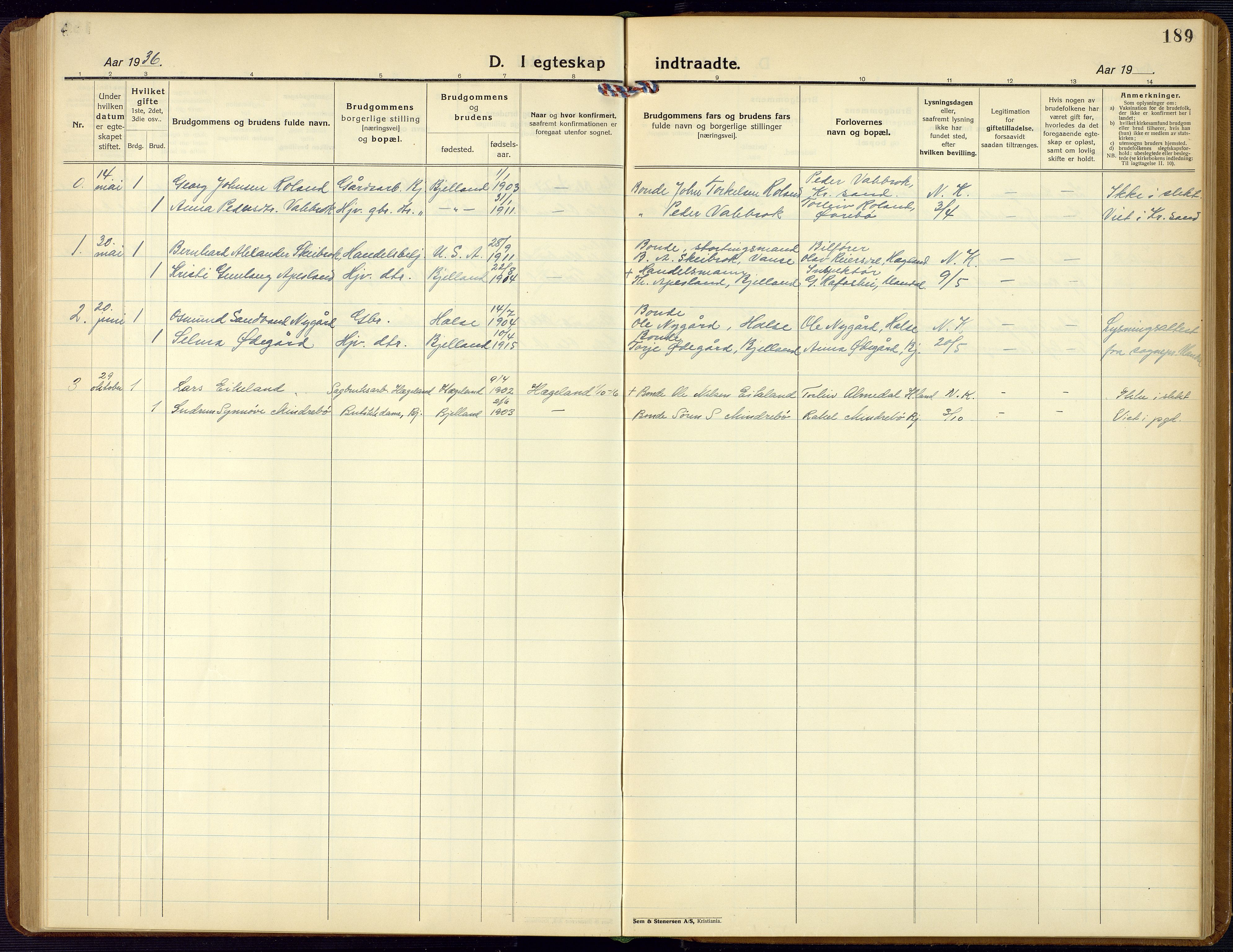Bjelland sokneprestkontor, SAK/1111-0005/F/Fb/Fba/L0006: Parish register (copy) no. B 6, 1923-1956, p. 189