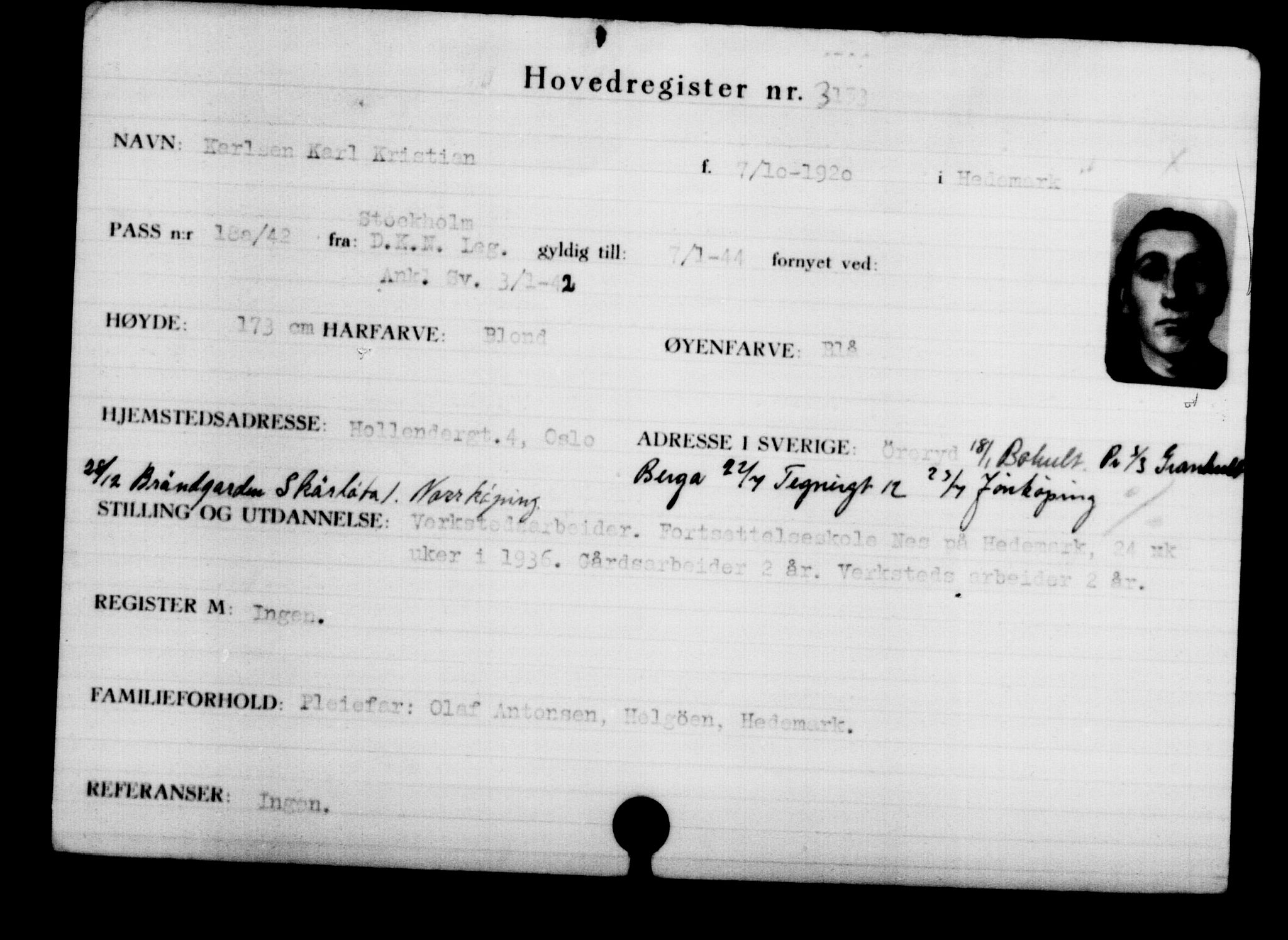 Utenriksstasjonene, Legasjonen i Stockholm, Flyktningkontoret, AV/RA-S-6753/V/Va/L0003: Kjesäterkartoteket, flyktninger med registreringsnr. 2001-3495, 1940-1945, p. 1595