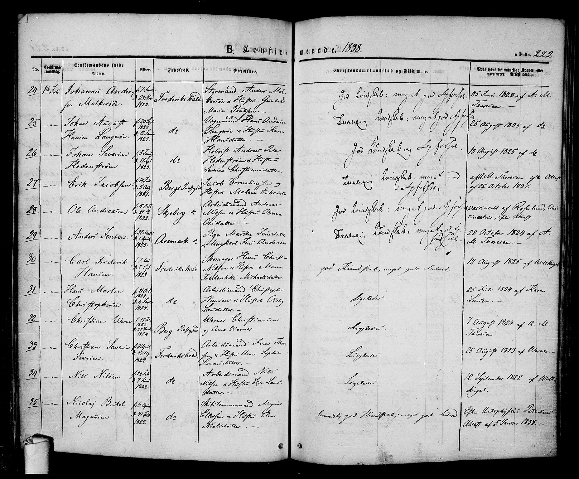Halden prestekontor Kirkebøker, SAO/A-10909/F/Fa/L0005: Parish register (official) no. I 5, 1834-1845, p. 222