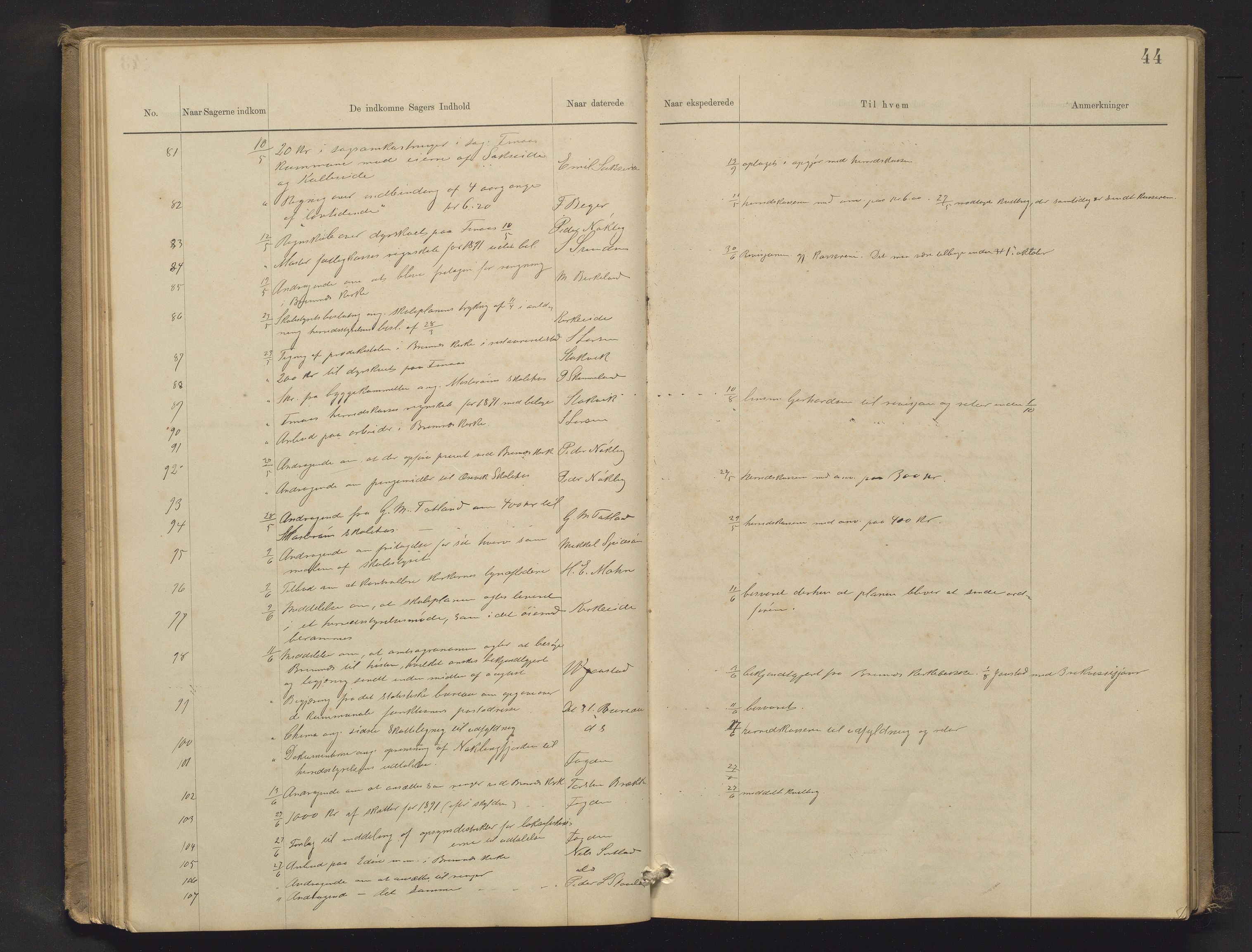 Finnaas kommune. Formannskapet, IKAH/1218a-021/C/Ca/L0002: Postjournal for formannskapet, 1888-1901, p. 44