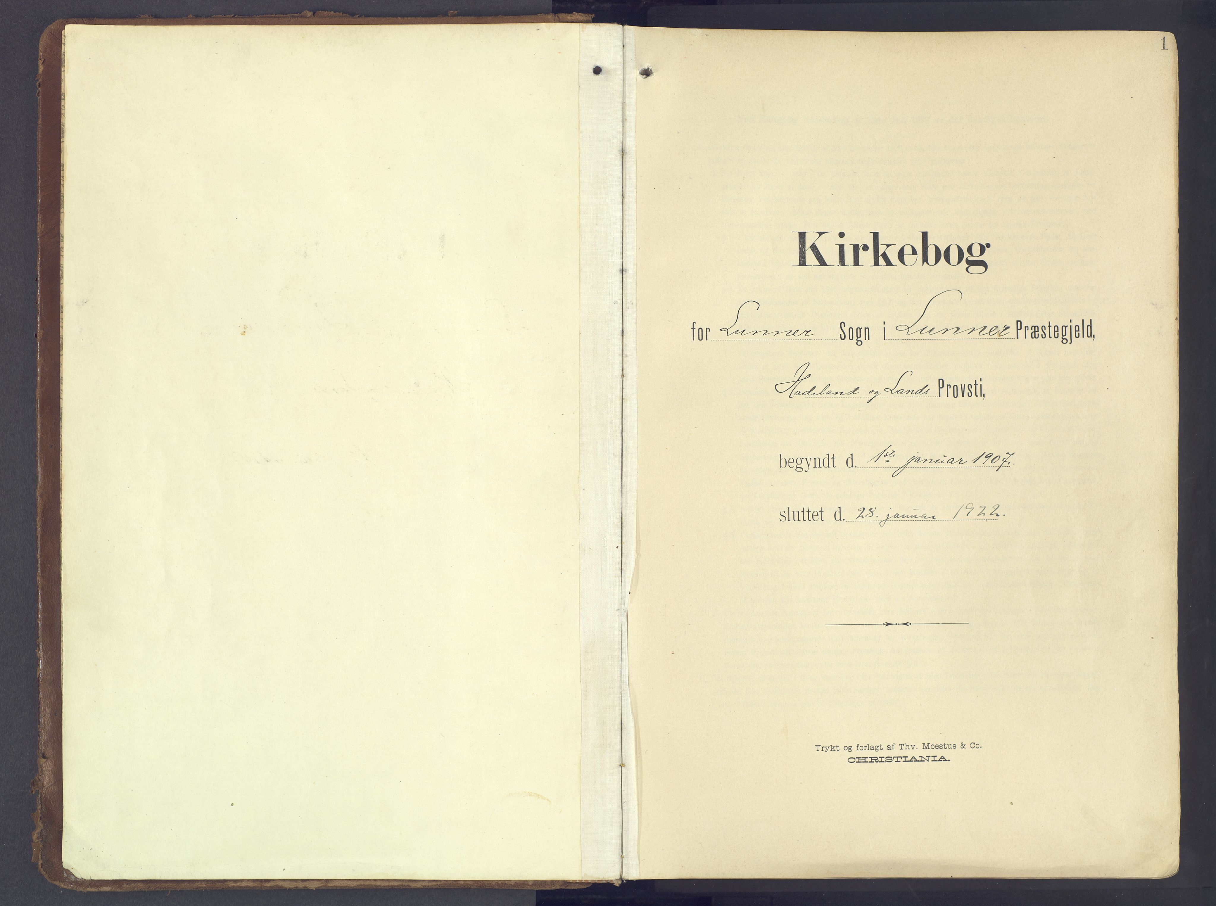 Lunner prestekontor, AV/SAH-PREST-118/H/Ha/Haa/L0001: Parish register (official) no. 1, 1907-1922, p. 1