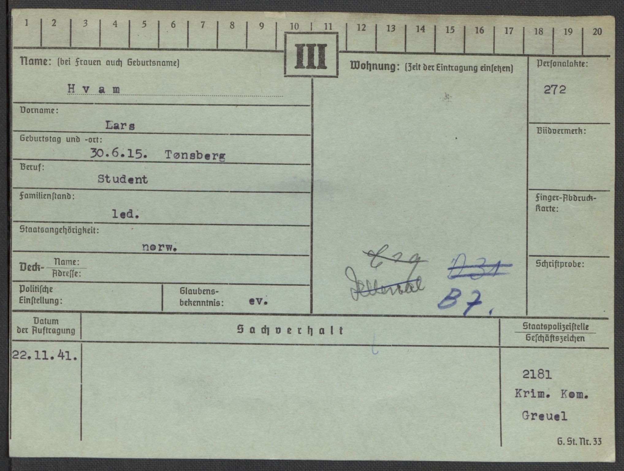 Befehlshaber der Sicherheitspolizei und des SD, RA/RAFA-5969/E/Ea/Eaa/L0004: Register over norske fanger i Møllergata 19: Hal-Hæ, 1940-1945, p. 1455
