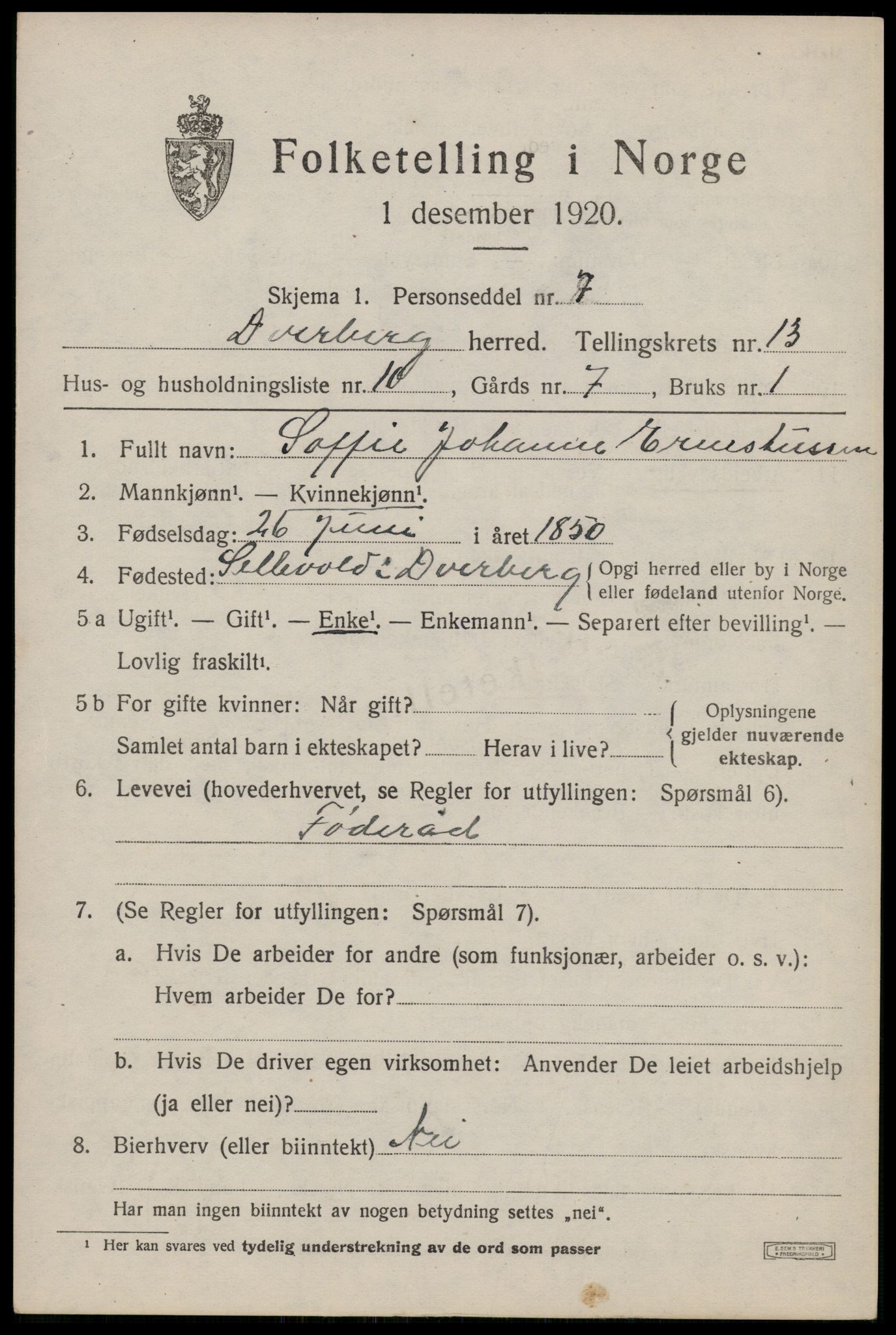 SAT, 1920 census for Dverberg, 1920, p. 10006