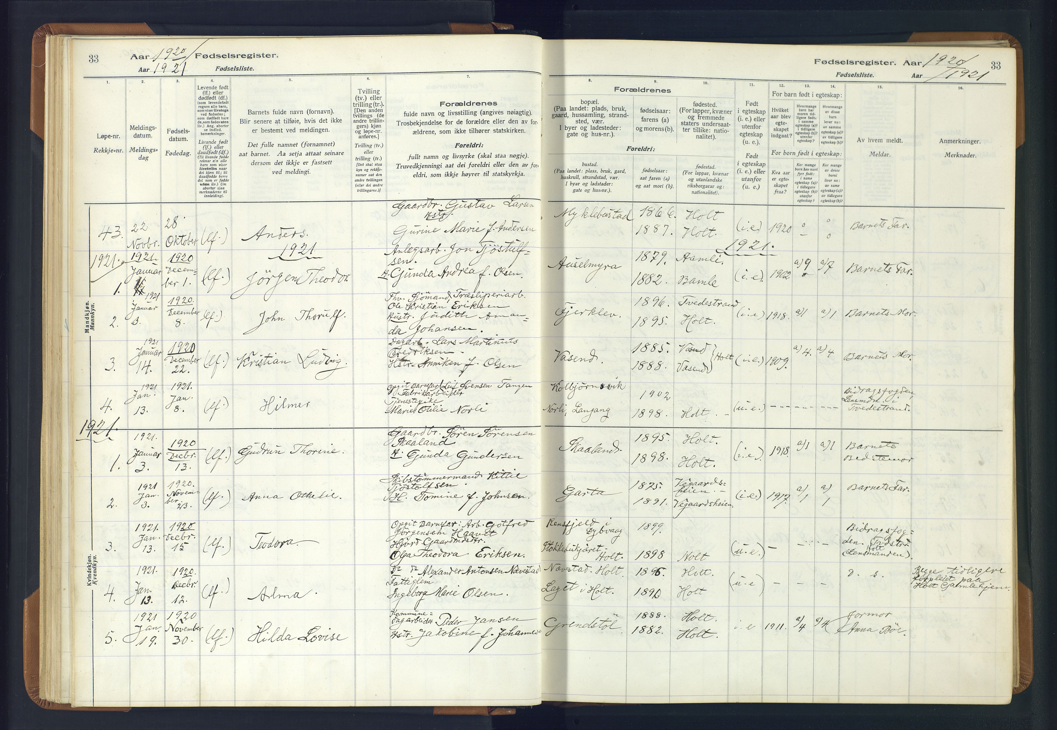 Holt sokneprestkontor, AV/SAK-1111-0021/J/Ja/L0001: Birth register no. II.4.1, 1916-1946, p. 33