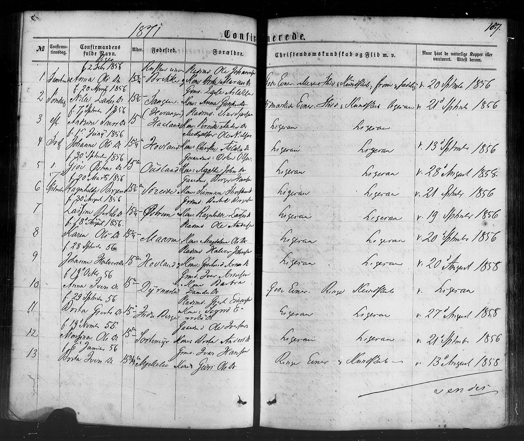 Lavik sokneprestembete, SAB/A-80901: Parish register (official) no. A 4, 1864-1881, p. 187