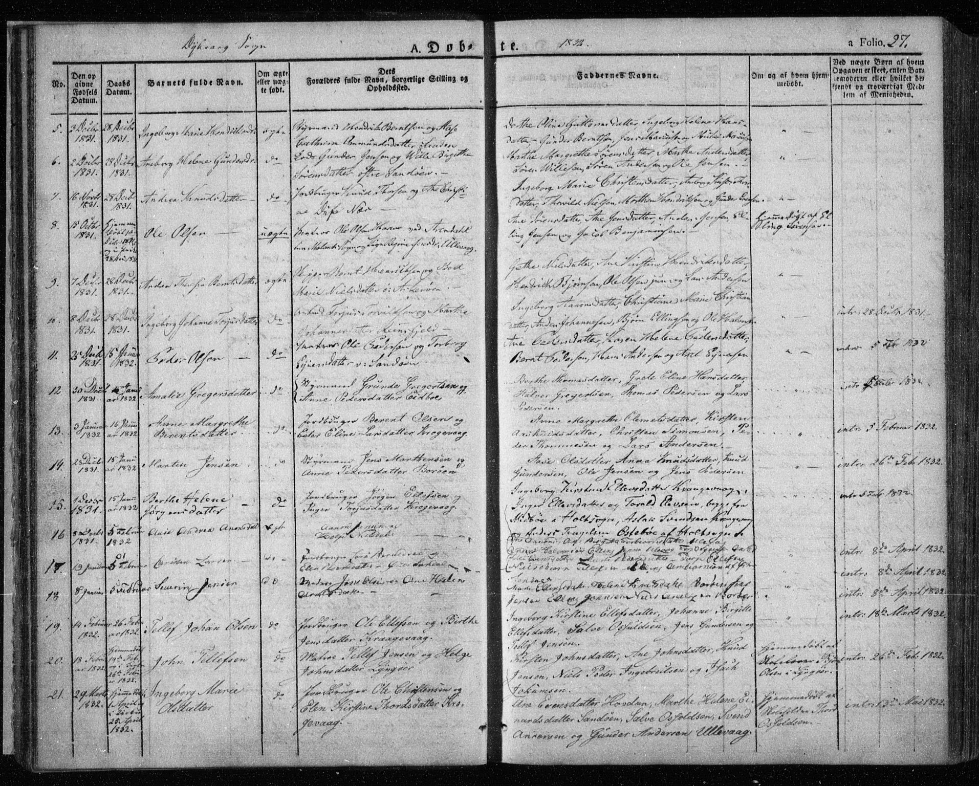 Dypvåg sokneprestkontor, AV/SAK-1111-0007/F/Fa/Faa/L0004: Parish register (official) no. A 4, 1824-1840, p. 27