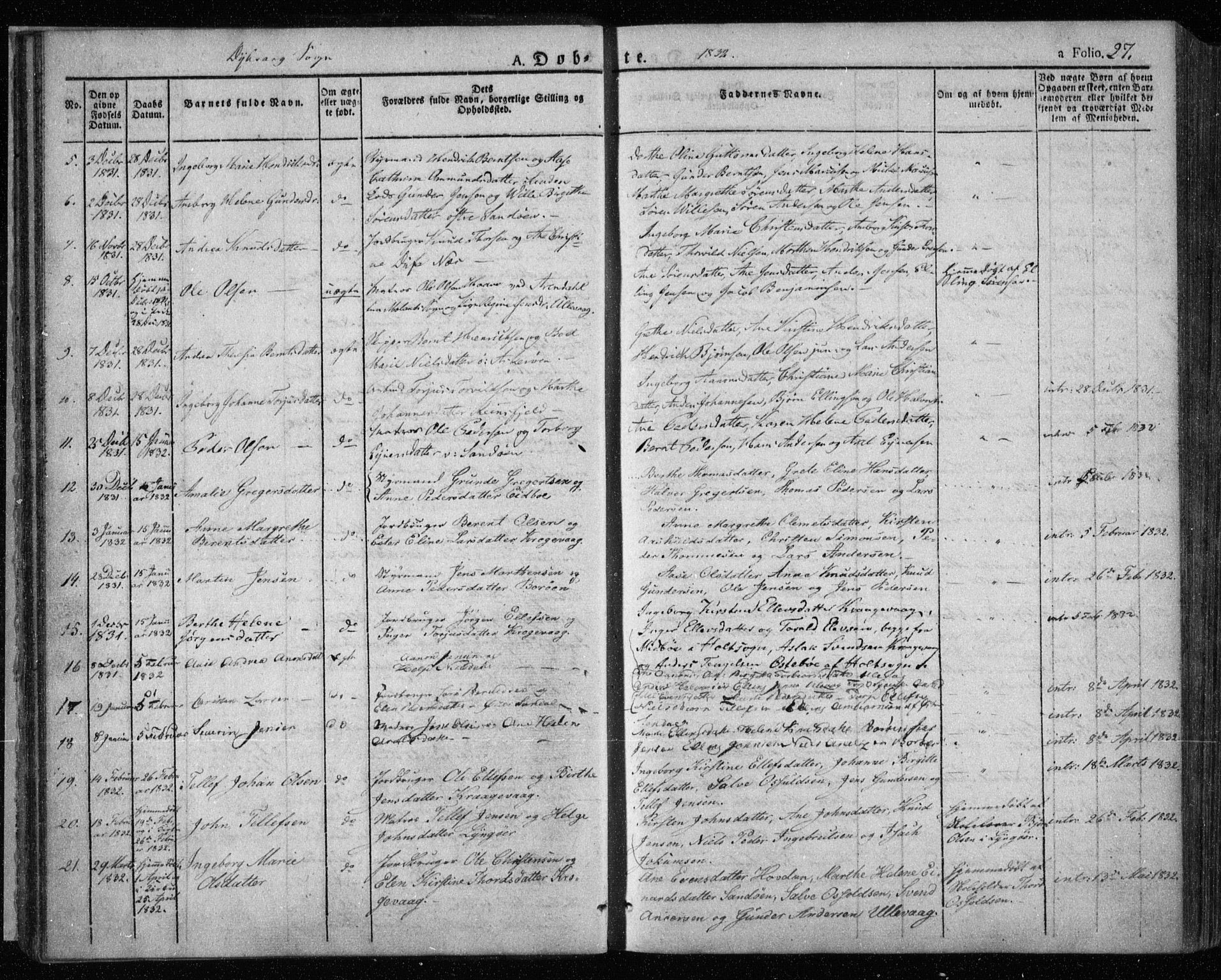 Dypvåg sokneprestkontor, SAK/1111-0007/F/Fa/Faa/L0004: Parish register (official) no. A 4, 1824-1840, p. 27