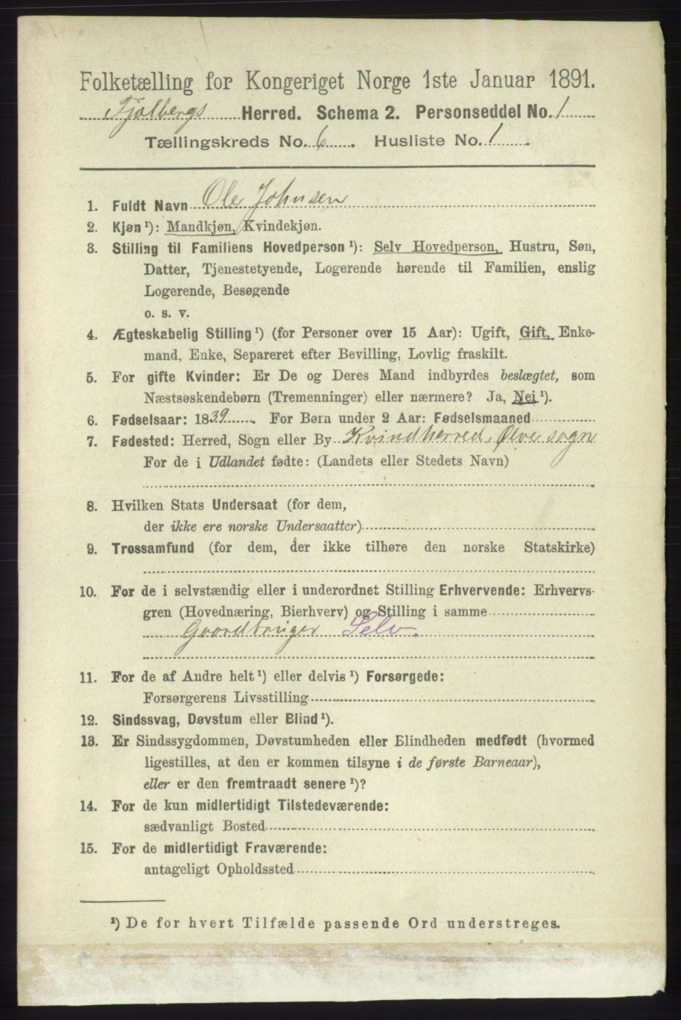 RA, 1891 census for 1213 Fjelberg, 1891, p. 1951