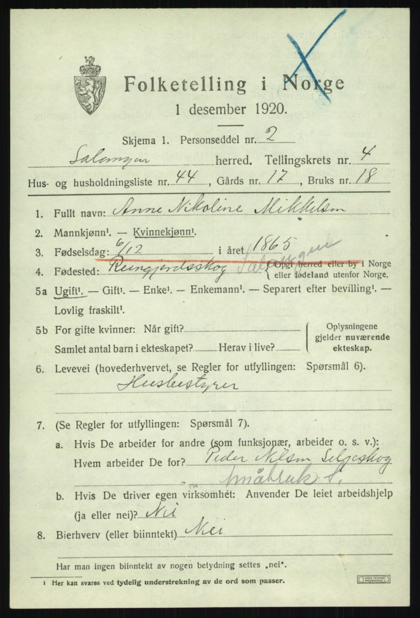 SATØ, 1920 census for Salangen, 1920, p. 2794