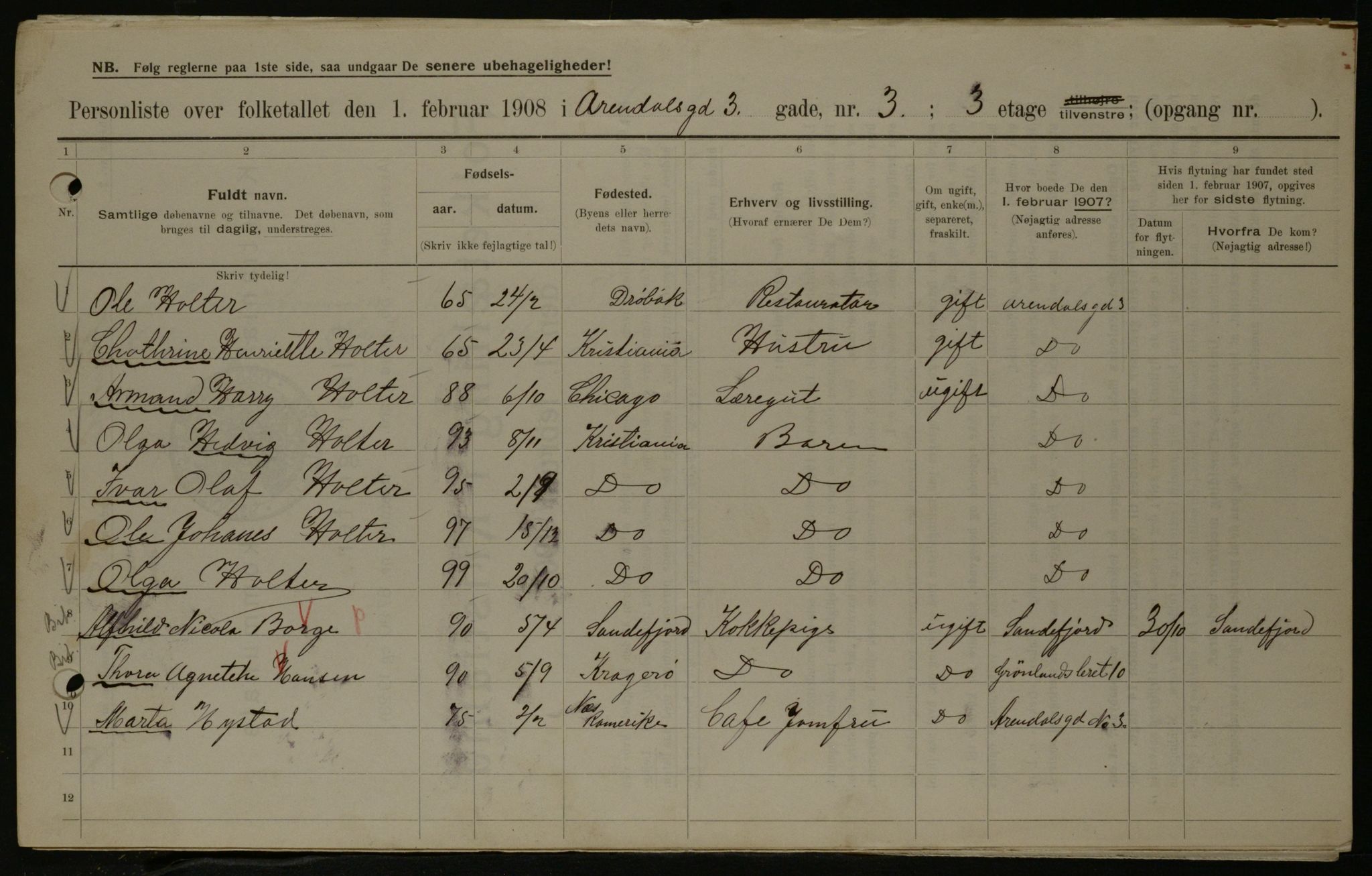 OBA, Municipal Census 1908 for Kristiania, 1908, p. 2130