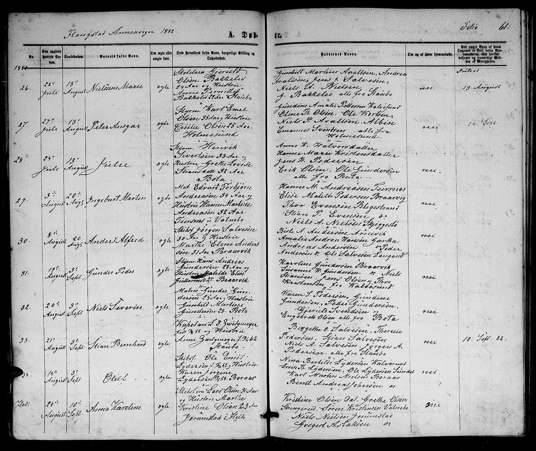 Dypvåg sokneprestkontor, AV/SAK-1111-0007/F/Fb/Fbb/L0003: Parish register (copy) no. B 3, 1872-1886, p. 61