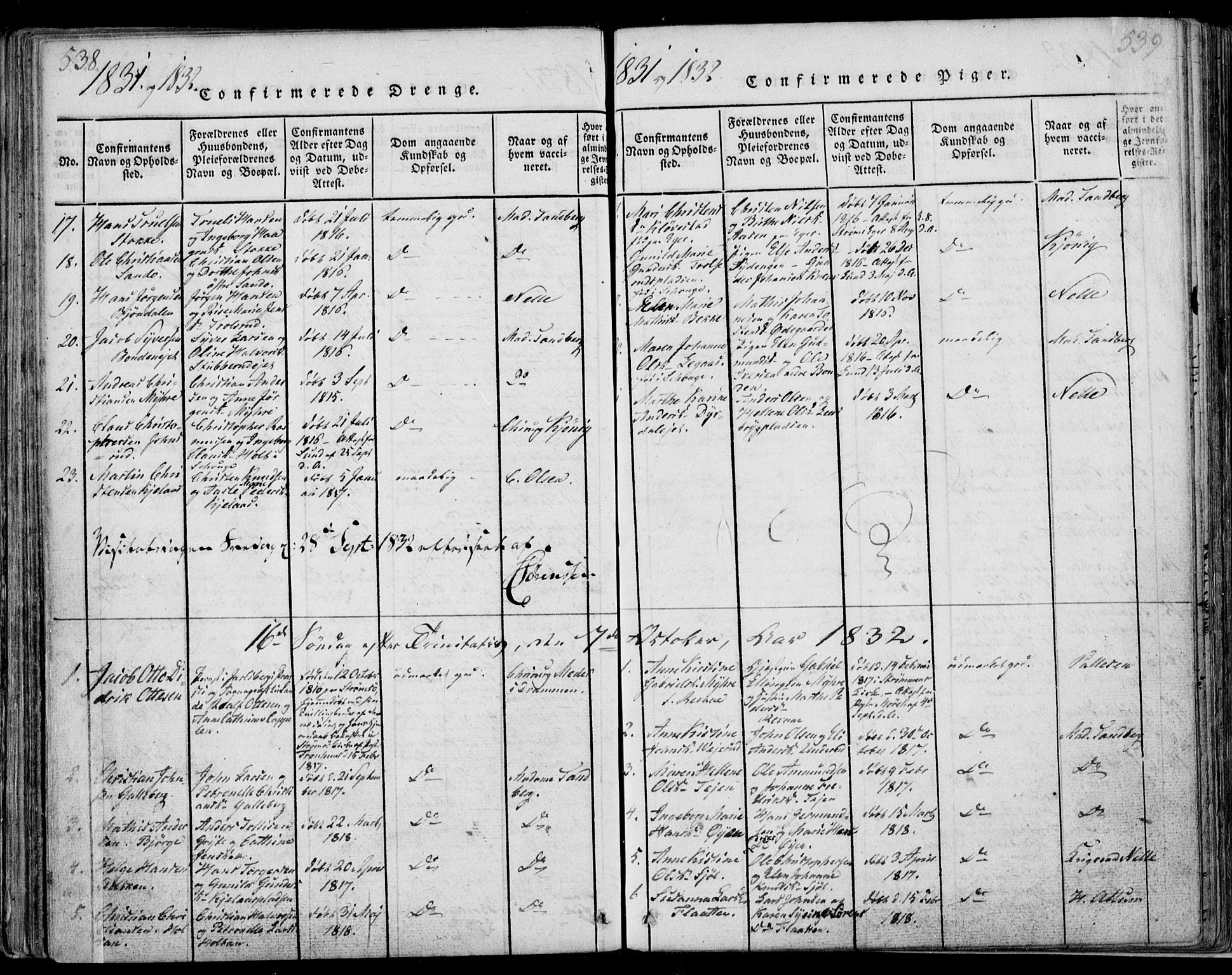 Sande Kirkebøker, SAKO/A-53/F/Fa/L0003: Parish register (official) no. 3, 1814-1847, p. 538-539