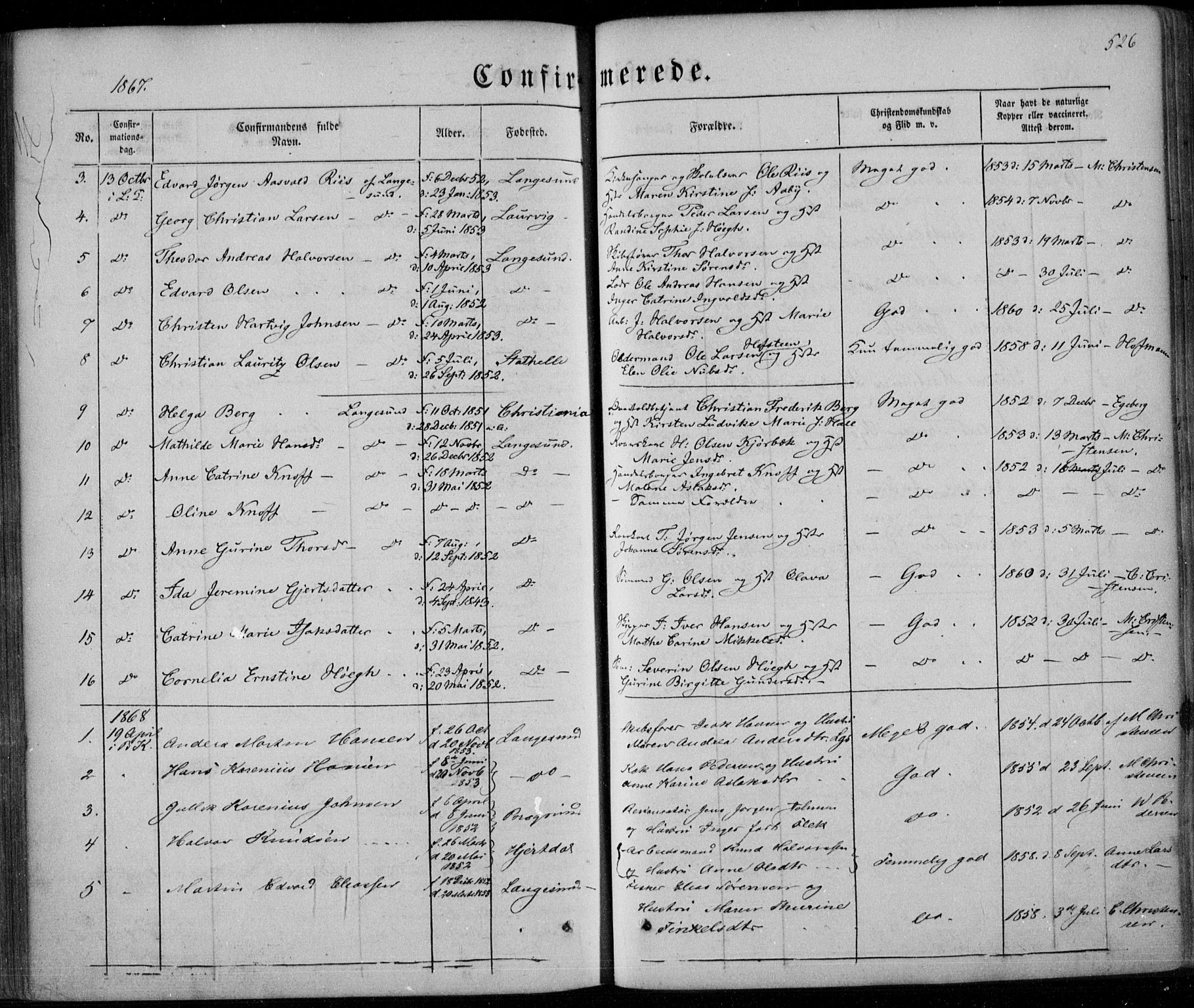 Bamble kirkebøker, AV/SAKO-A-253/F/Fa/L0005: Parish register (official) no. I 5, 1854-1869, p. 526