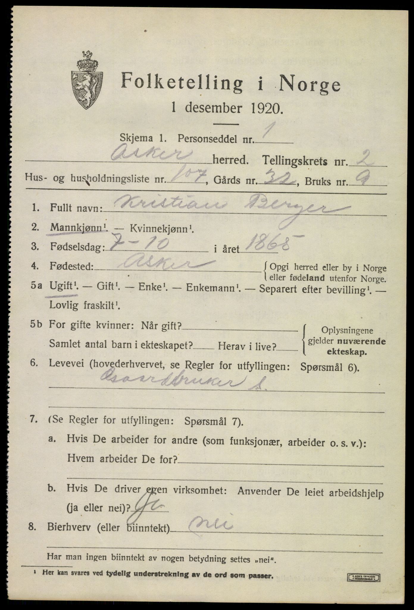 SAO, 1920 census for Asker, 1920, p. 7054