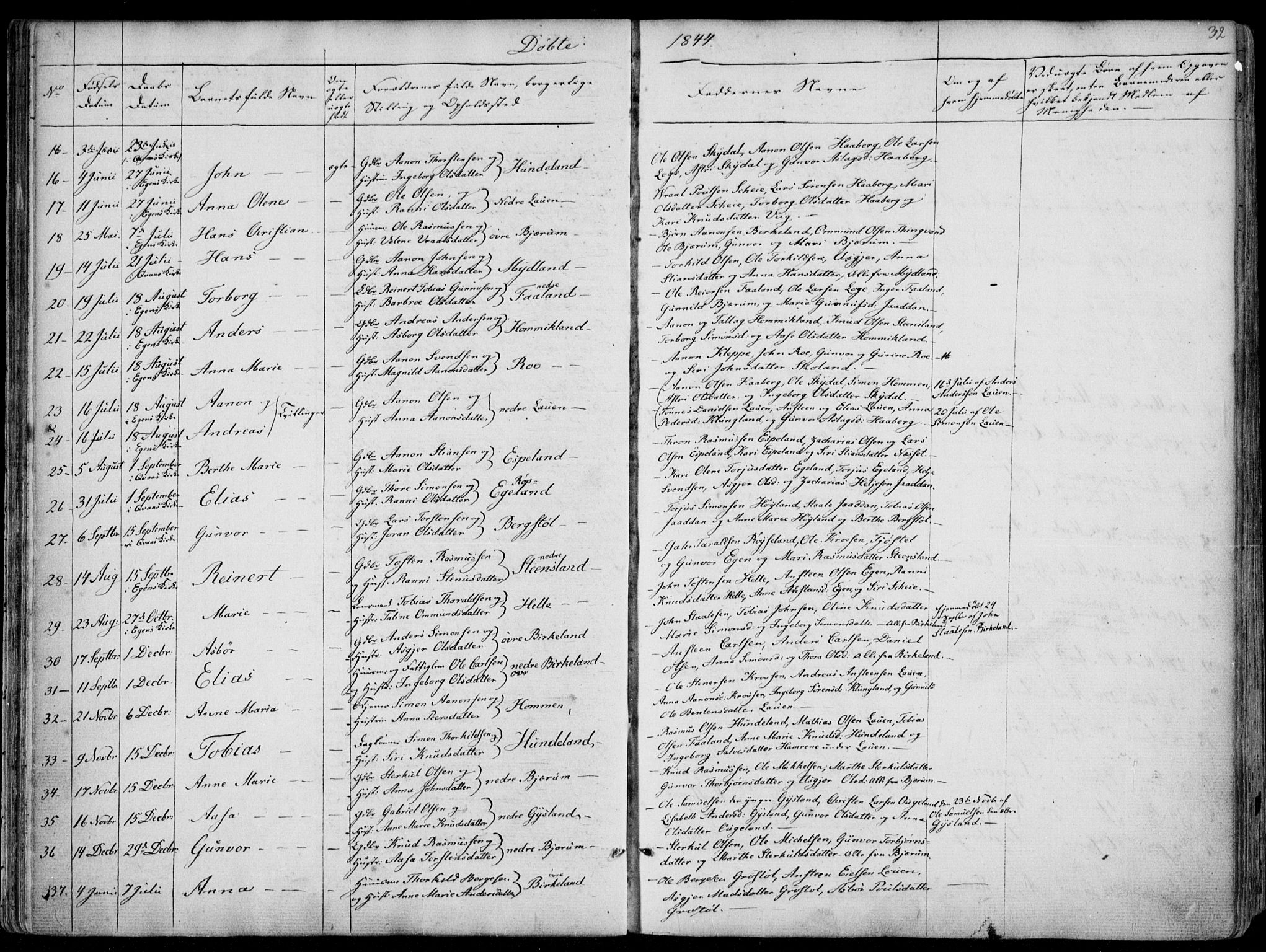 Hægebostad sokneprestkontor, AV/SAK-1111-0024/F/Fa/Faa/L0004: Parish register (official) no. A 4, 1834-1864, p. 32